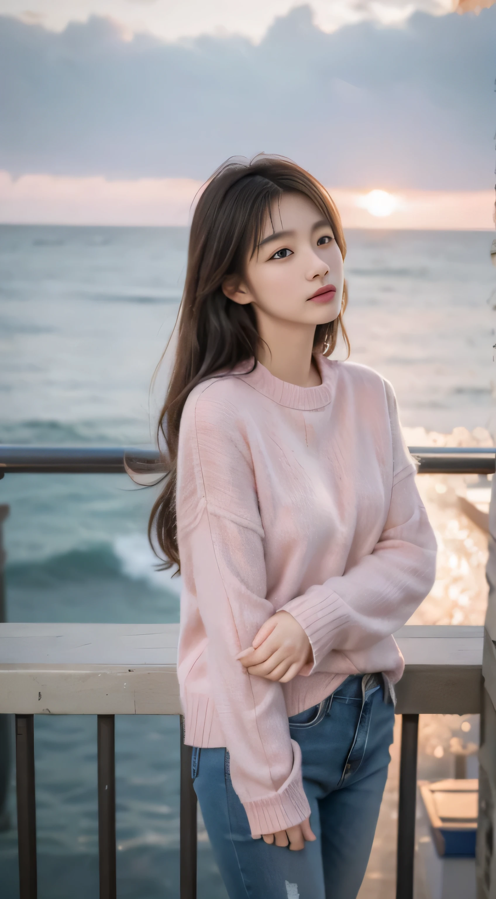 Denim with pink sweater,Romantic,asian women,soft,8k,Extremely high quality RAW photos,original photo, actual, masterpiece, extremely delicate and beautiful, Very detailed,outdoor,winter,seaside