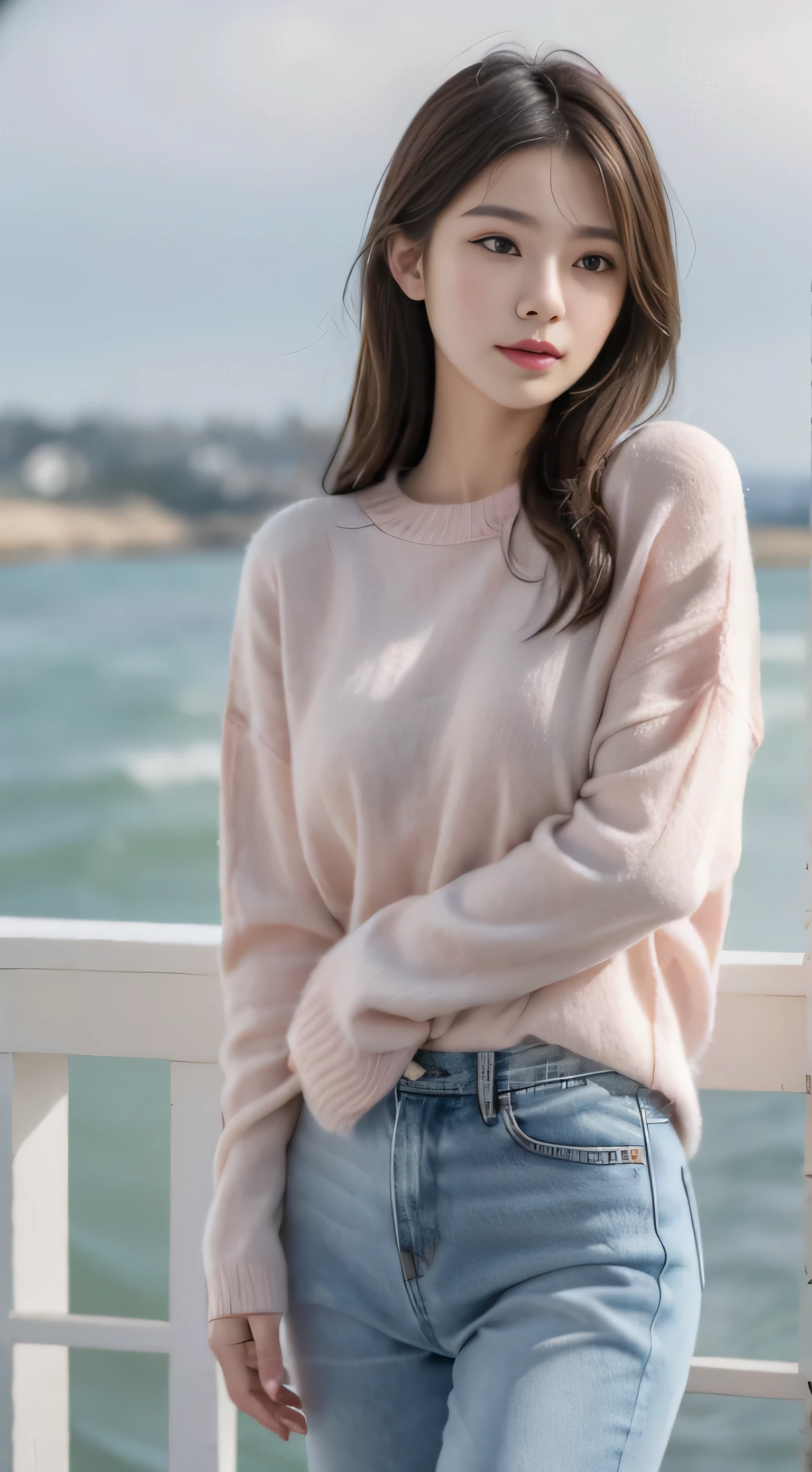 Denim with pink sweater，Romantic，asian women，soft，8k，Extremely high quality RAW photos,original photo, actual, masterpiece, extremely delicate and beautiful, Very detailed,outdoor，winter，seaside