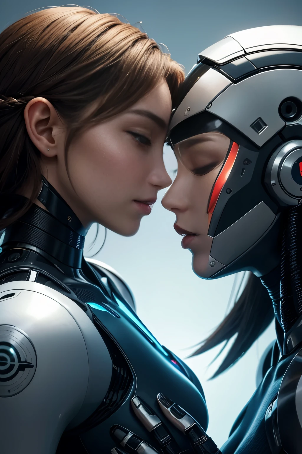 a beautiful human woman and a beautiful female robot, face to face, they caress each other