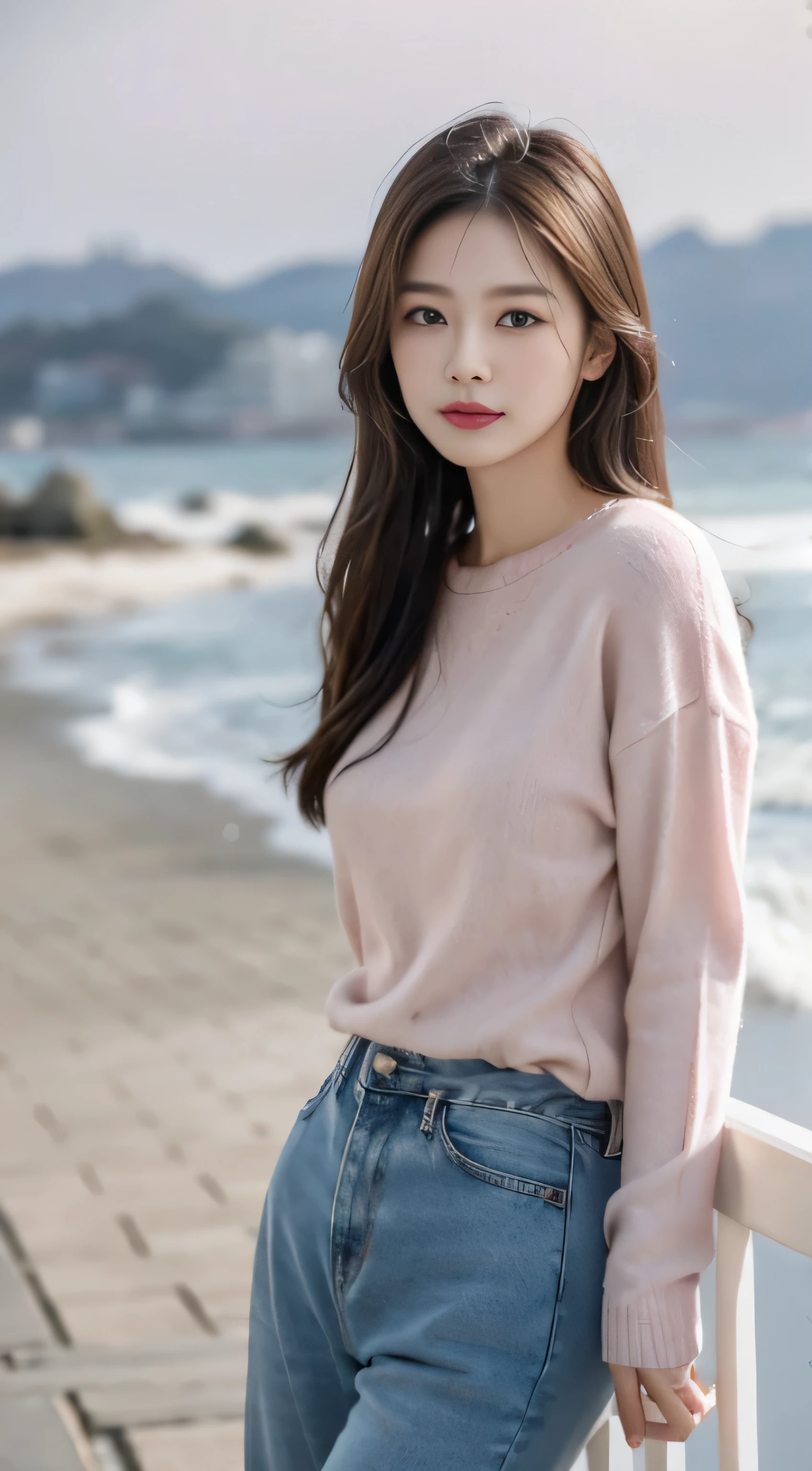 Denim with pink sweater,Romantic,asian women,soft,8k,Extremely high quality RAW photos,original photo, actual, masterpiece, extremely delicate and beautiful, Very detailed,outdoor,winter,seaside