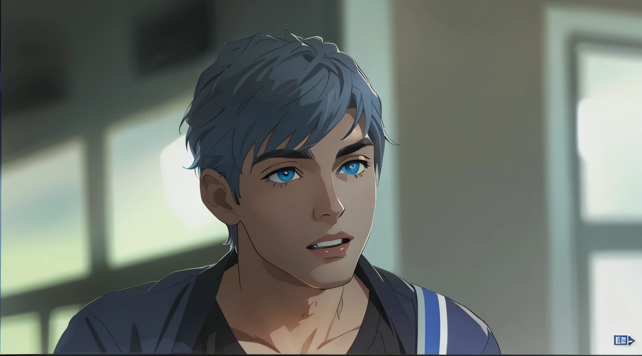 handsome young man of 15 years old with blue eyes silver hair stands with his mouth open asking questions