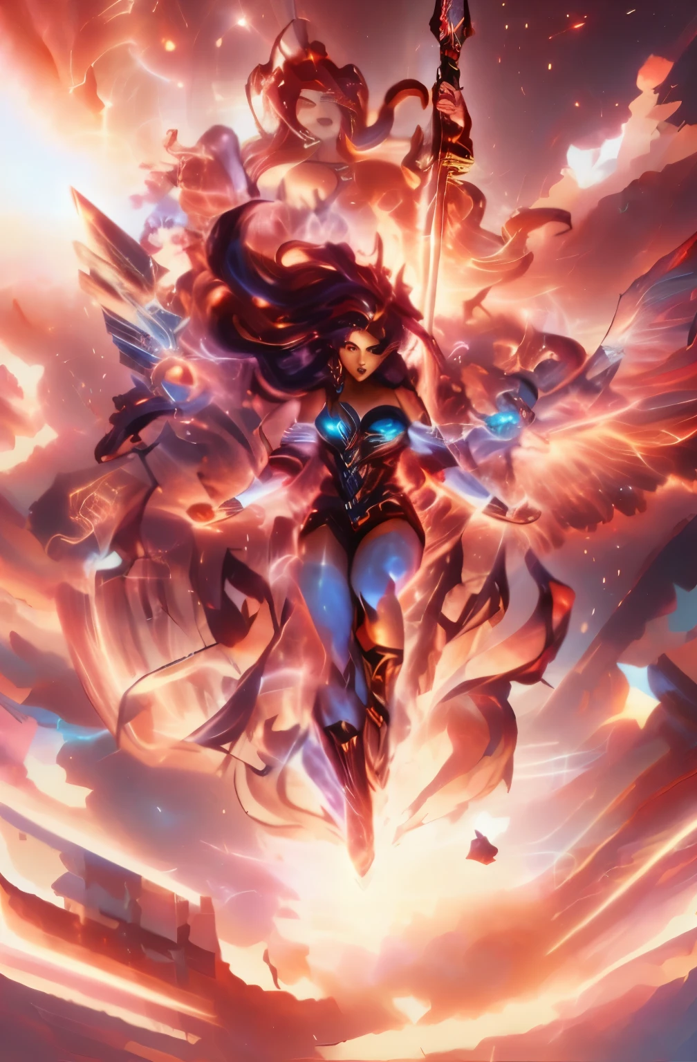 a close up of a woman flying through the air with a sword, zenescope, inspired by Mark Brooks, by Ric Nagualero, artgerm julie bell beeple, style ivan talavera and artgerm, by Eddie Mendoza, full color digital illustration, beautiful comic art, starfire, full color illustration, wanda maximoff