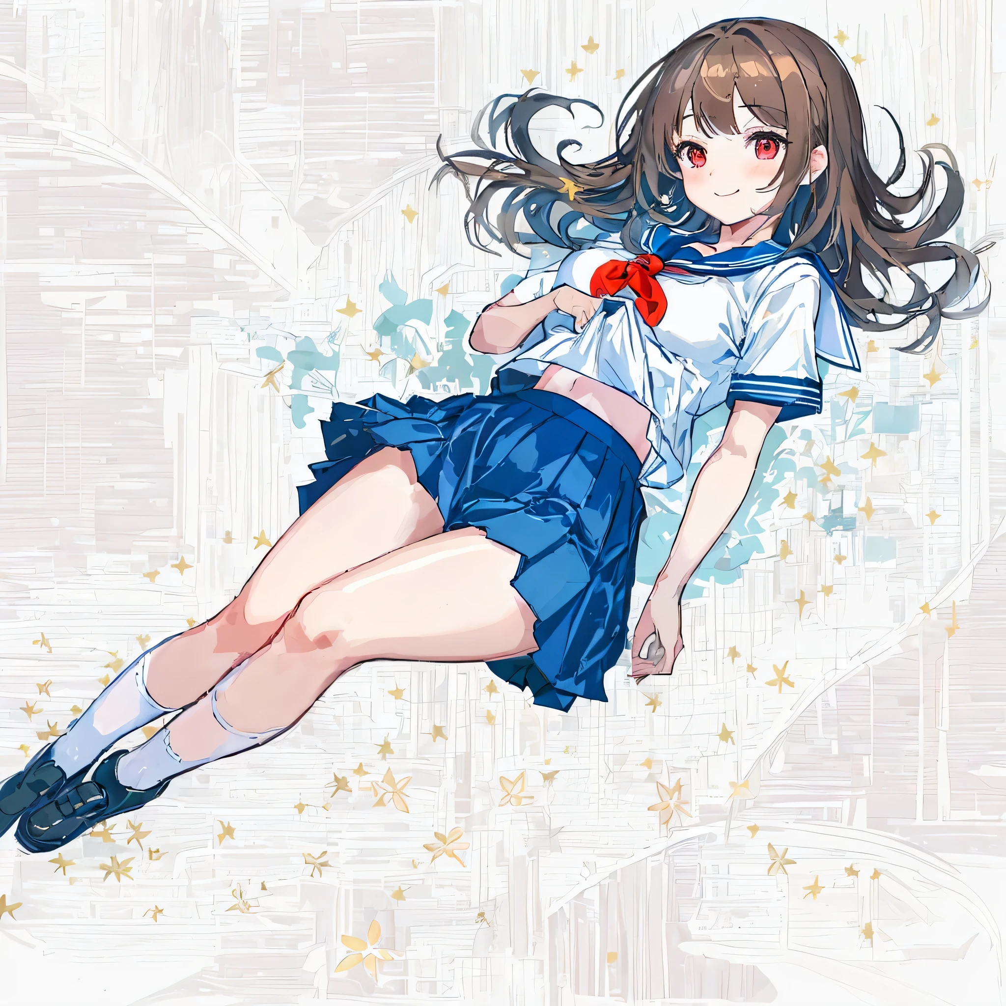 super detailed,masterpiece, highest quality,figure,sailor suit,slanted eyes,straight hair,brown hair,side part,super dense skin,beautiful and fine eyes,short sleeve shirt,red eyes,(medium breasts:1.1), (A raised and well-defined bust:1.1), (lifted chest:1.2), (perky chest :1.1),high School girl,please sit down,high socks,loafers,smile,School,blush,BREAK catch light eyes,night forest