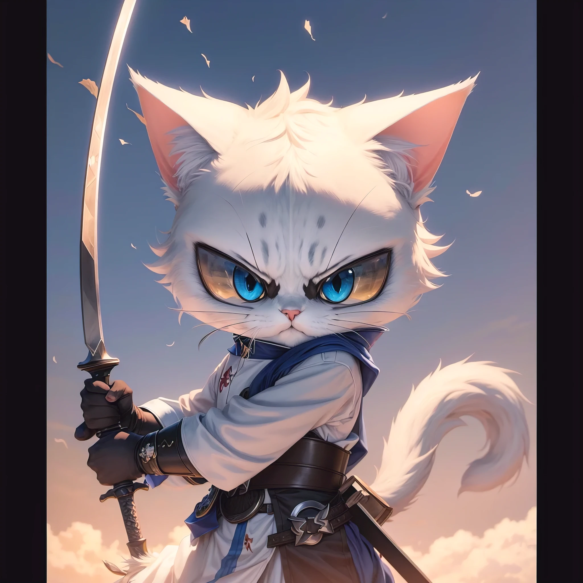 anime cat with sword and sword in hand in front of a blue sky, anthropomorphic cat ninja, anime cat, cat the assassin, samurai cat, badass anime 8 k, stylized anime, anime visual of a cute cat, cat warrior, realistic anime cat, ninja cat, trending on artstation pixiv, made with anime painter studio