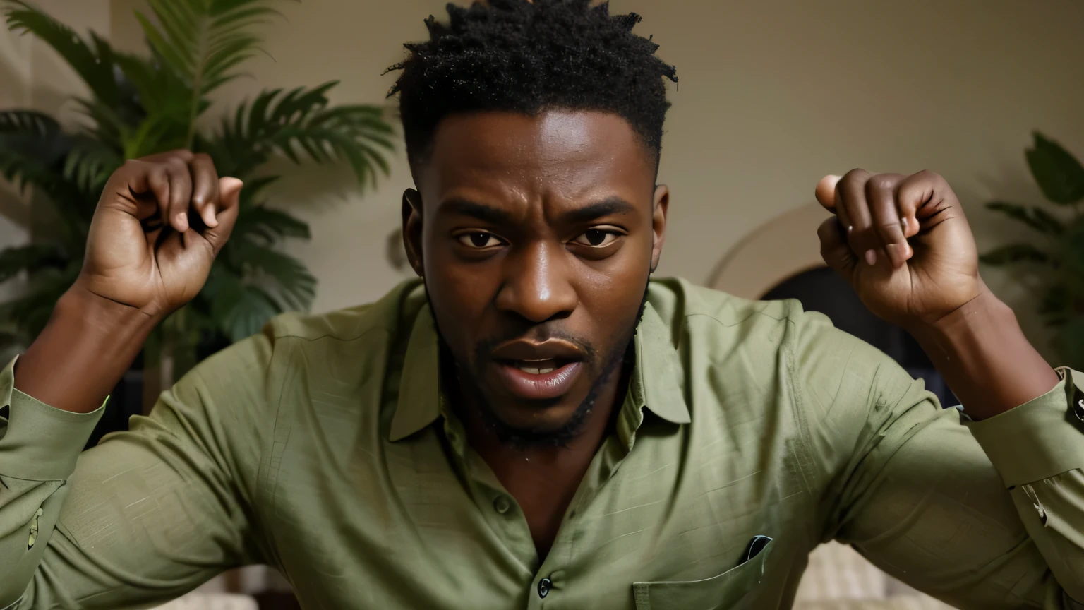 craft a hyper-realistic 8k close up image of an african man aged 28 years dressed in green coloured shirt, he is angry and was shoutingg with his hands in the air. in a well furnished house in an african mega city