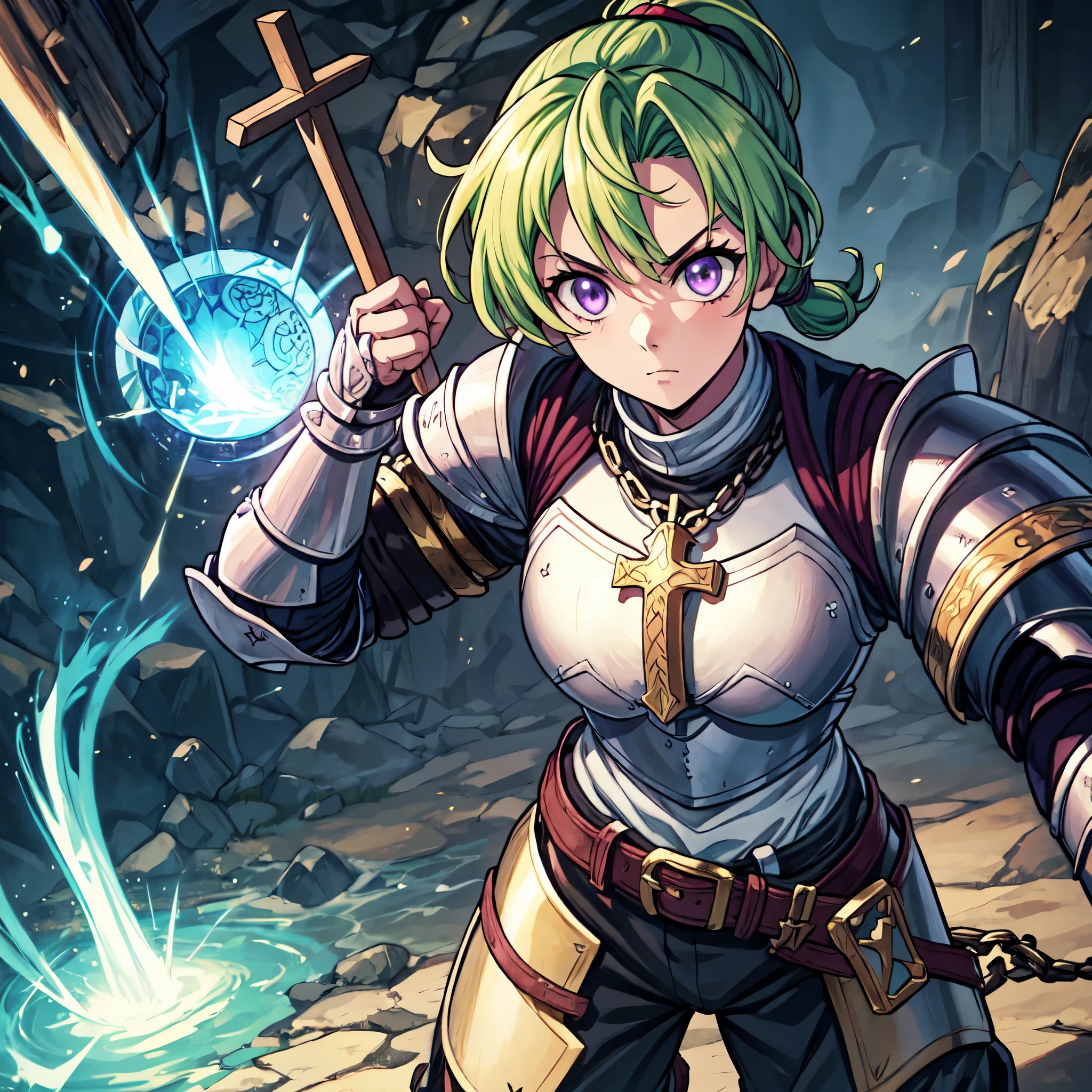 anime style, full body shot, masterpiece, accurate, anatomically correct, high details, high quality, best quality, highres, 1080P, HD, 4K, 8k, 16k, female knight, light purple eyes, lillac eyes, light green hair, messy ponytail, short ponytail, serene presence, gentle presence, one single person, crusader knight, cross ornaments on shield, cross ornaments on armour, full plate armour, realistic warrior, man chest, no skin, no exposed skin, male chest, flat chest, powerful knight, medieval fantasy, strong and muscular, detailed armor crafting with crosses, sturdy gauntlets, reinforced breastplate, chainmail underlay, realistic metal texture, authentic medieval design, leather straps and buckles, historical accuracy, knight's coat of arms
