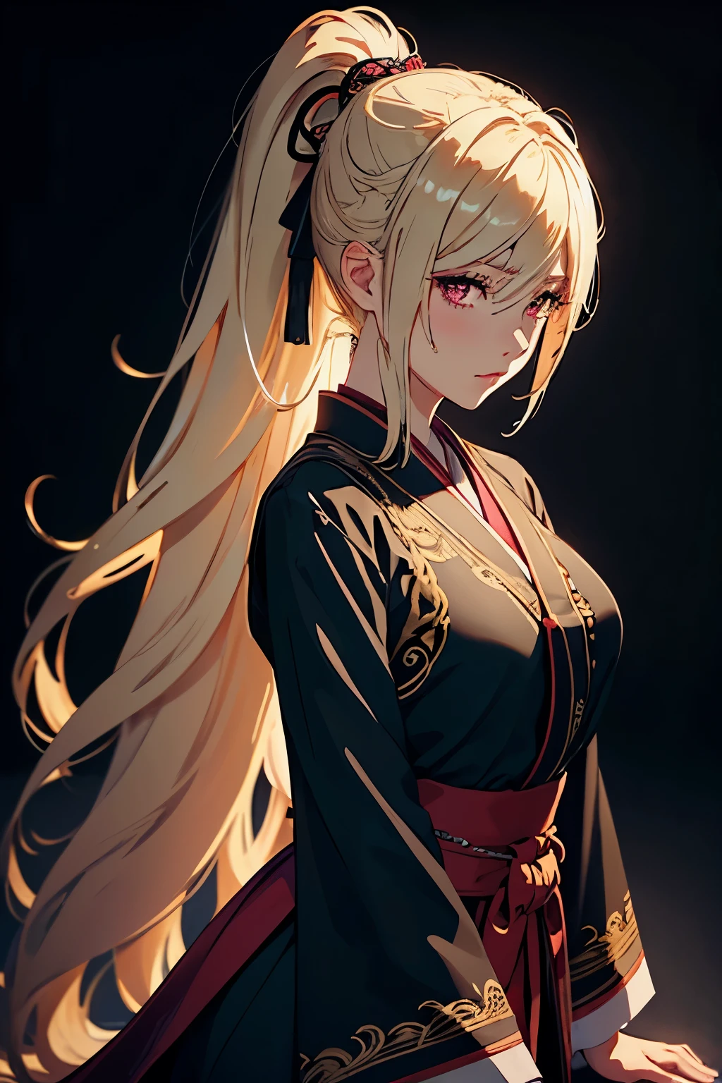 soft lighting, volumetric lighting, intricate details, finely detailed, 1girl, solo, blonde hair, long hair, high ponytail, red eyes, long eyelashes, thick eyelashes, looking at viewer, japanese school outfit, black background, simple background, ecchi