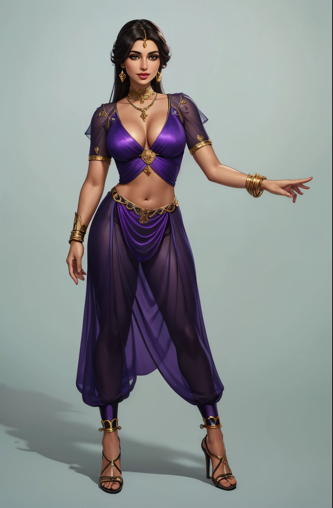 a woman in a purple and blue outfit with a necklace on her neck, handsome princess of persia, female character design, full body character portrait