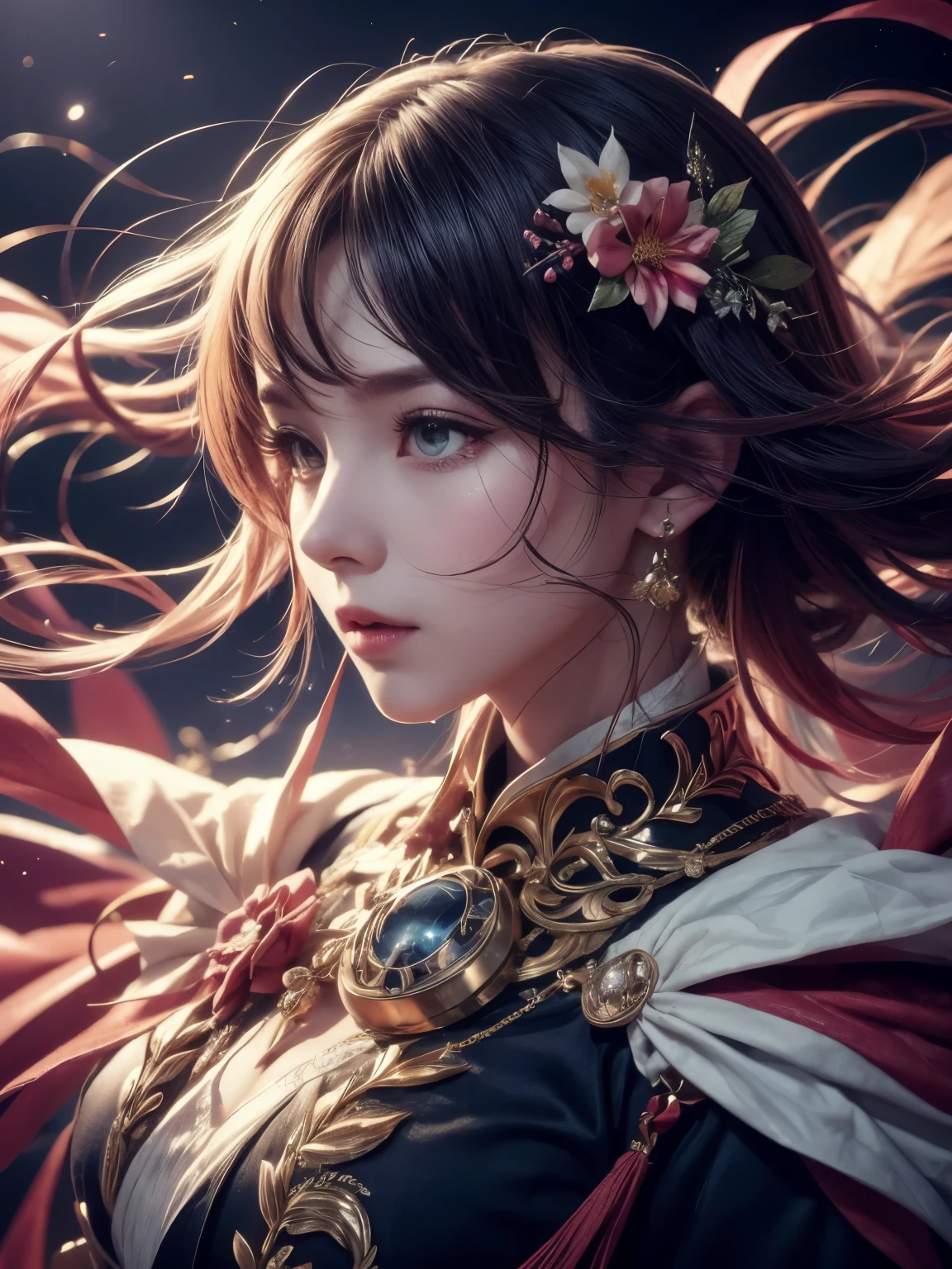 a stunning art, abstract, flowery, predominantly blue, white, upper body, centered, key visual, intricate, highly detailed, breathtaking beauty, precise line art, vibrant, comprehensive, cinematic,