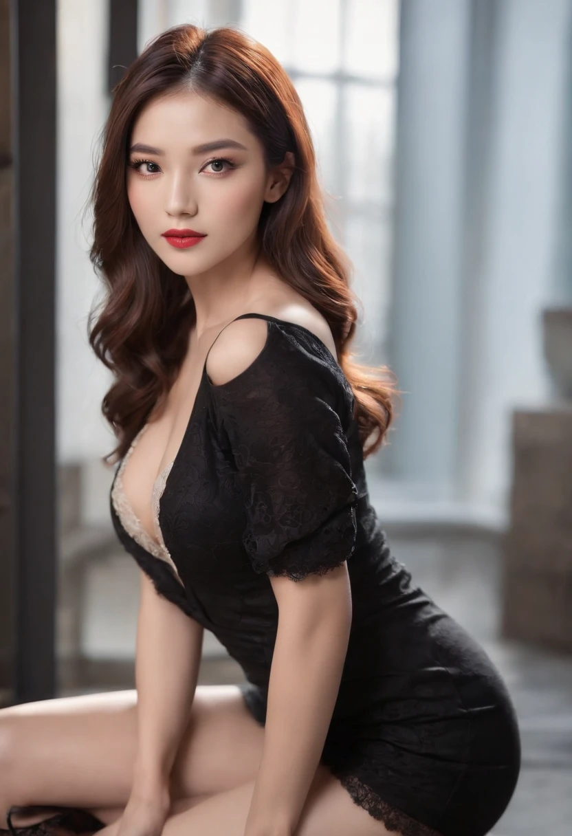 (Best quality,Ultra-detailed,Realistic:1.37),Portrait,Girl,Beautiful detailed face,Long eyelashes,Seductive gaze,Perfect lips,Radiant complexion,Stunning figure,Korean underwear,Black stockings,High heels with stiletto heels,tattooed body,Wearing a collar,Dance in vibrant clubs,incredibly detailed,surrealism,gentlesoftlighting,Vivid colors