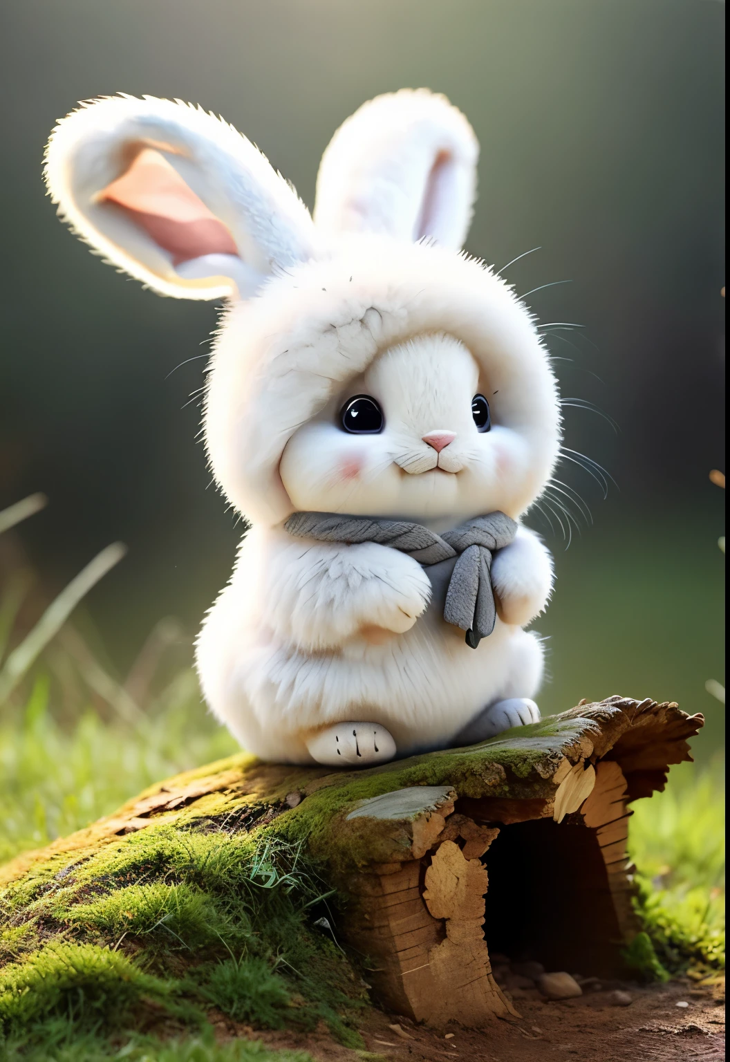 Fluffy rabbit sitting near the roots of a tree in the middle of the mountain, cute