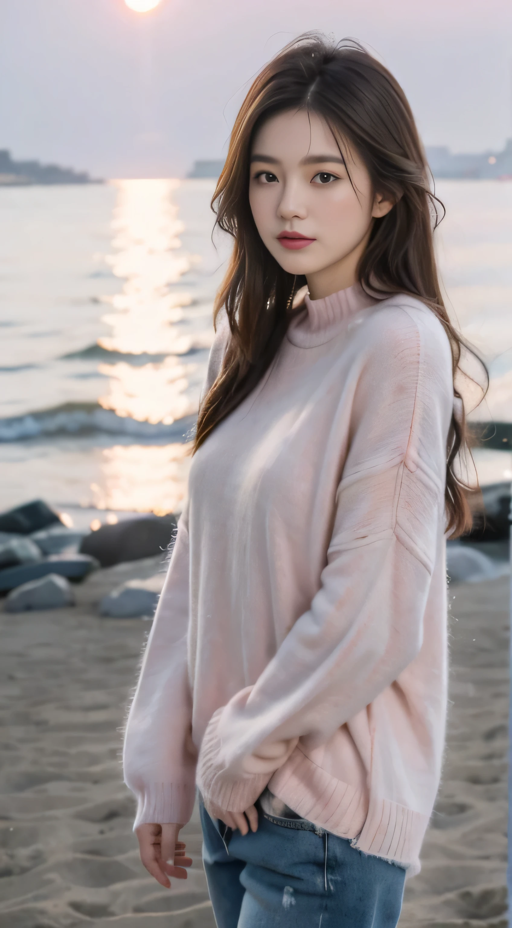 Denim with pink sweater,Romantic,asian women,soft,8k,Extremely high quality RAW photos,original photo, actual, masterpiece, extremely delicate and beautiful, Very detailed,outdoor,winter,beach,Sunset
