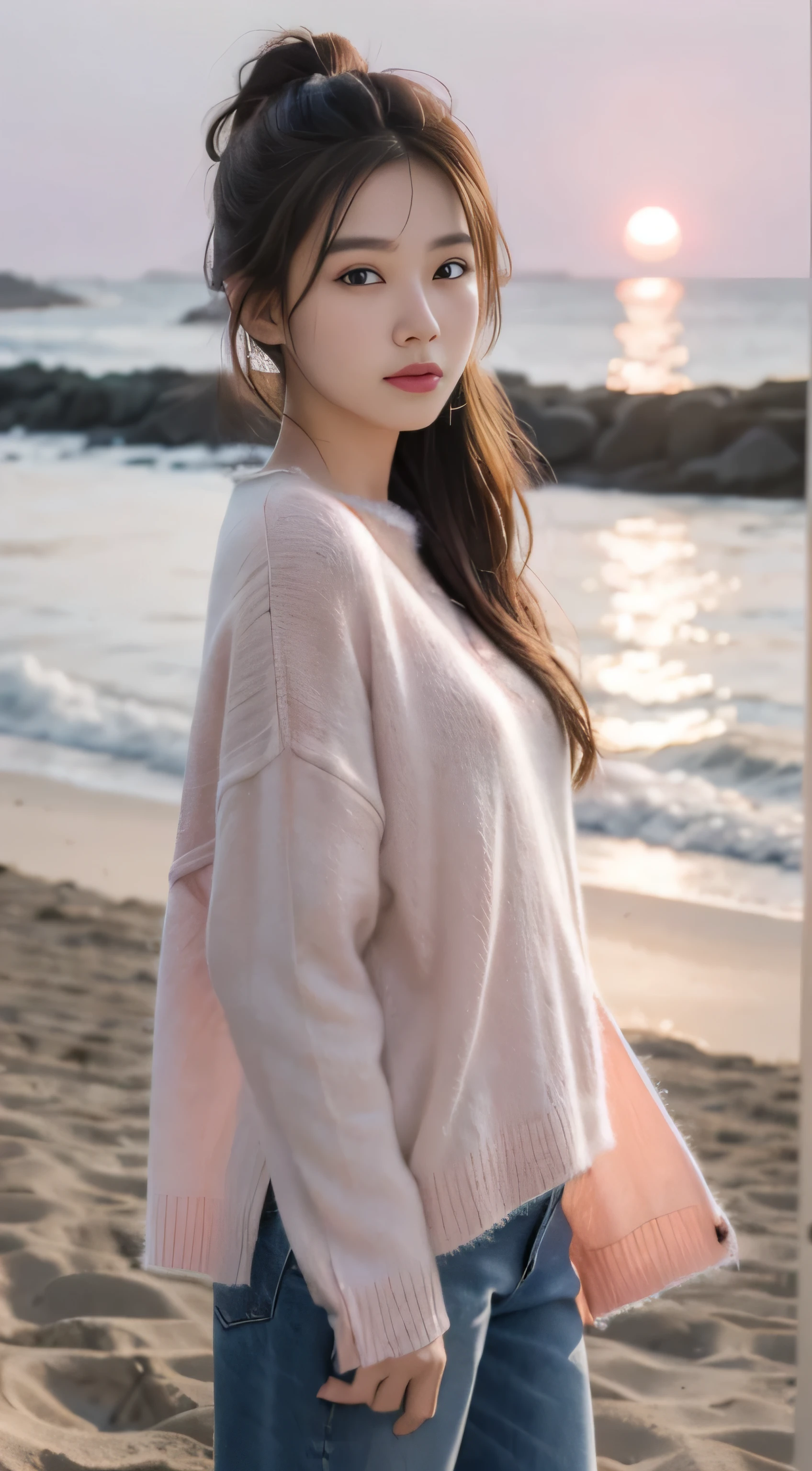 Denim with pink sweater,Romantic,asian women,soft,8k,Extremely high quality RAW photos,original photo, actual, masterpiece, extremely delicate and beautiful, Very detailed,outdoor,winter,beach,Sunset