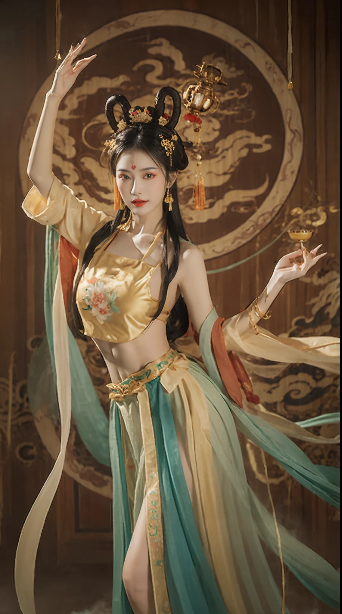 masterpiece, traditional Chinese painting, 1 girl, False lashes,gold jewelry,long white hair, looking at the audience,Dance,perfect facial features,normal hand,5 fingers, Titillating, ah, drank, Dunhuang_style, Dunhuang_clothing, Ultra HD Dragon Horn, The dragon is flying, 4K, best quality, Super details, stage lighting,smoke,Award-winning, high quality,best quality，high detail