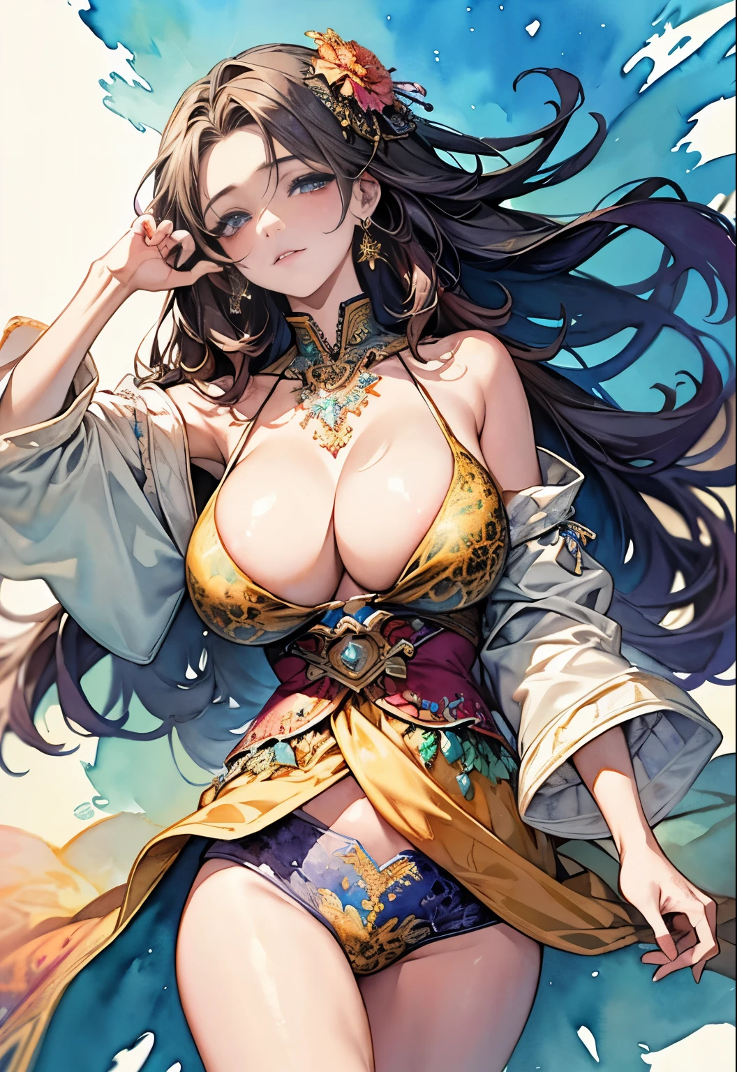(masterpiece、highest quality、highest quality、official art、beautiful beautiful:1.2)、(1 girl)、very detailed、(fractal art:1.3), (watercolor painting:1.3), colorful、most detailed, ((Handsome short)), big breasts