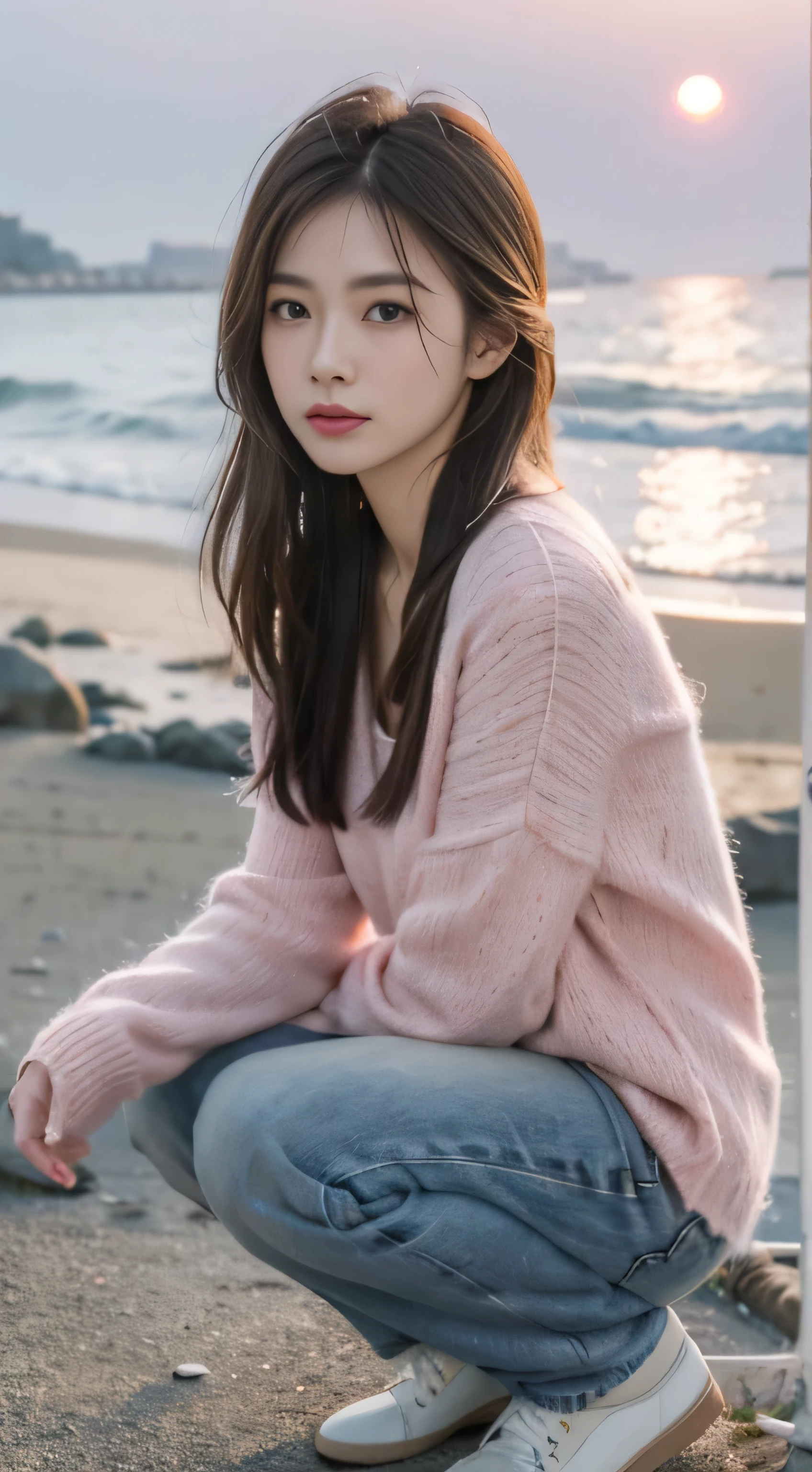 Denim with pink sweater,Romantic,asian women,soft,8k,Extremely high quality RAW photos,original photo, actual, masterpiece, extremely delicate and beautiful, Very detailed,outdoor,winter,beach,Sunset,squatting position