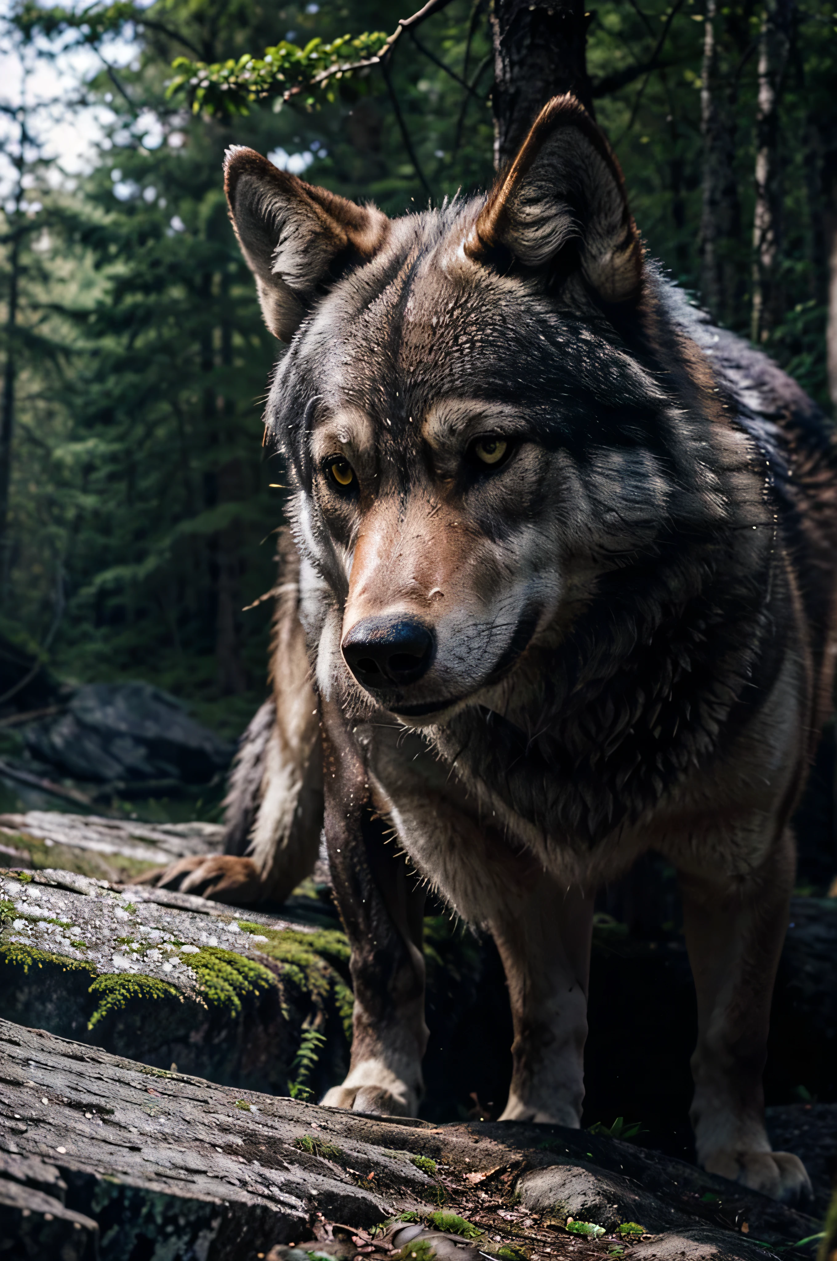 In the dense forest, a majestic grey wolf stood on a rocky ledge, its piercing eyes gazing into the distance, diamond wire photography, manga, 2K, high detail