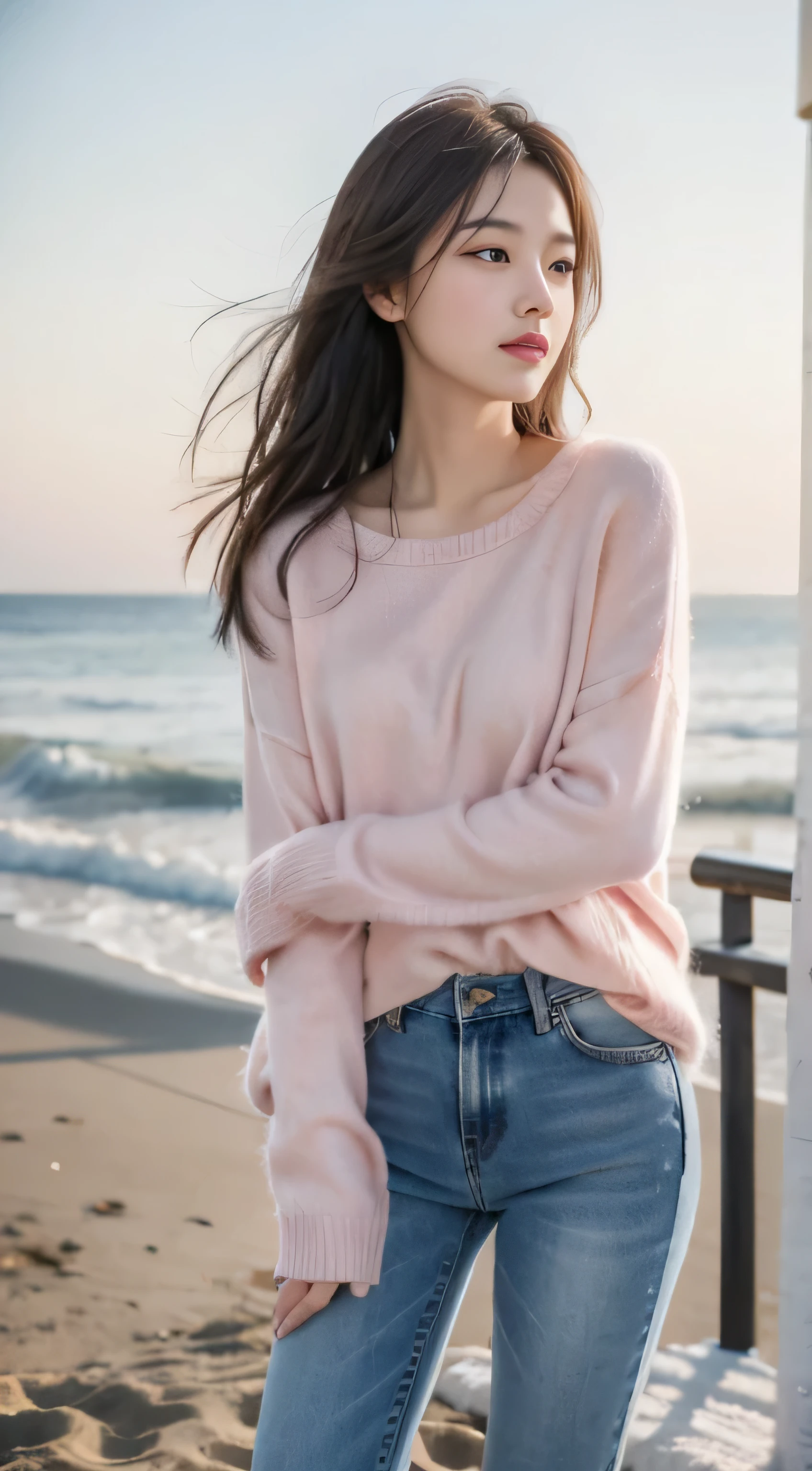 Denim with pink sweater,Romantic,asian women,soft,8k,Extremely high quality RAW photos,original photo, actual, masterpiece, extremely delicate and beautiful, Very detailed,outdoor,winter,beach,seaside,