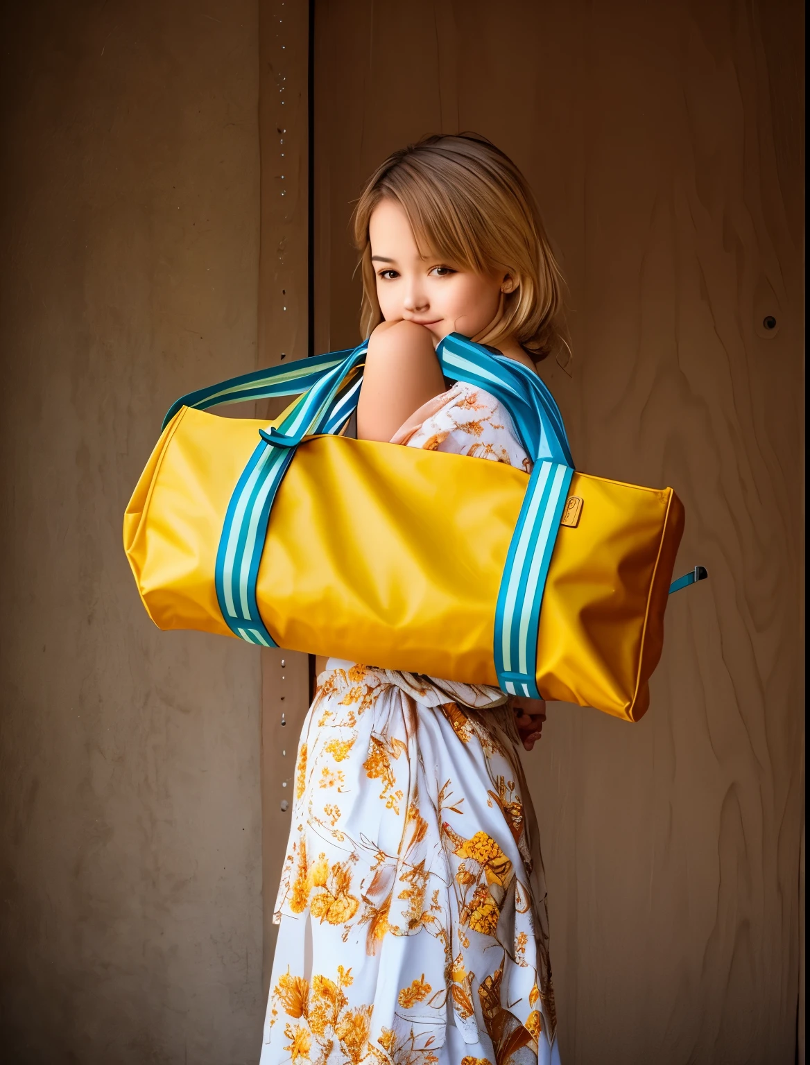 there is a woman holding a large yellow bag over her shoulder, carrying two barbells, carrying big sack, carrying a saddle bag, holding a gold bag, a large, full subject shown in photo, medium close up, medium close-up shot, medium close shot, medium closeup, in a medium full shot, scrolls, side shot, medium close up shot, medium