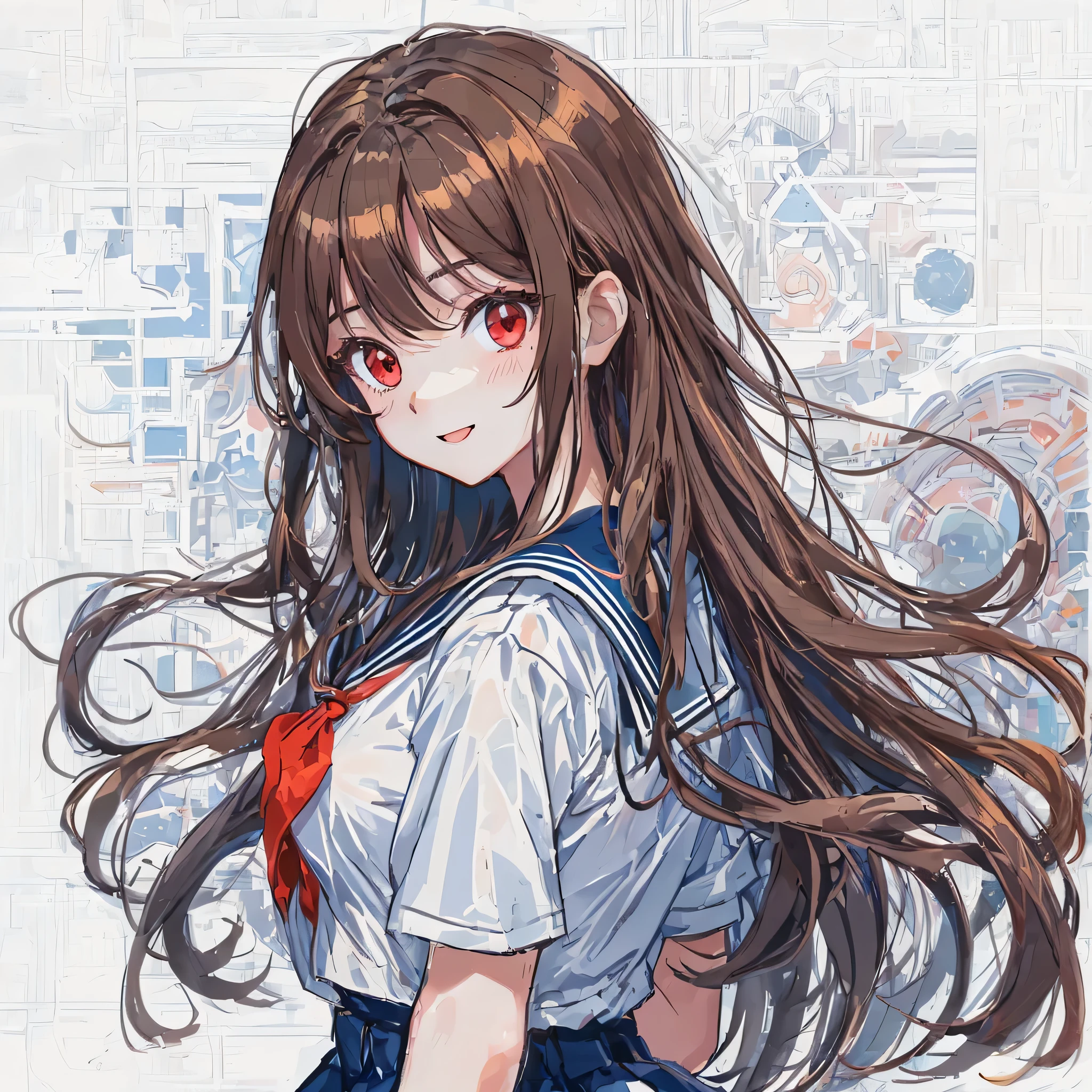 super detailed,masterpiece, highest quality,figure,sailor suit,slanted eyes,straight hair,brown hair,side part,super dense skin,beautiful and fine eyes,short sleeve shirt,red eyes,(medium breasts:1.1), (A raised and well-defined bust:1.1), (lifted chest:1.2), (perky chest :1.1),high School girl,please sit down,high socks,loafers,smile,School,blush,BREAK catch light eyes,night forest
