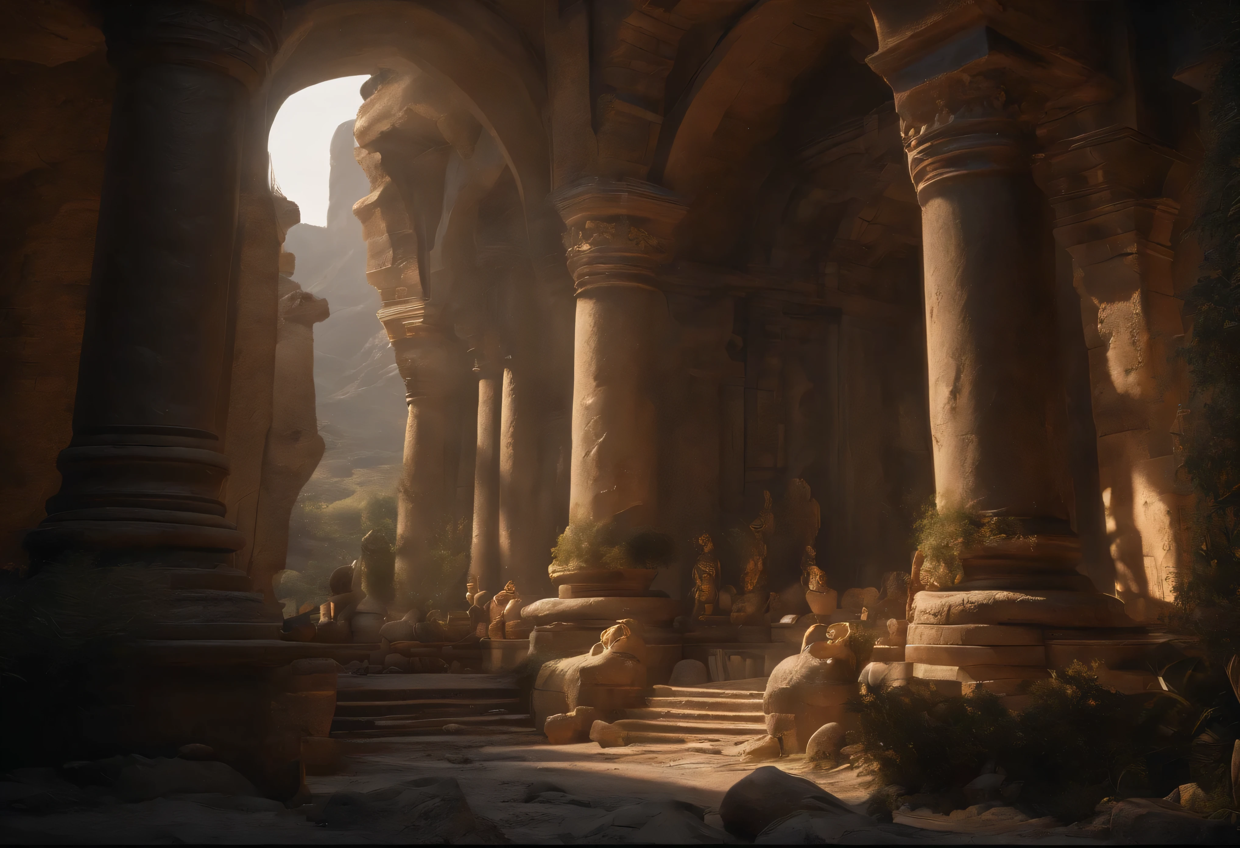(best quality,4k,8K,high resolution,chef-d&#39;artwork:1.2), Ultra-detailed, (Realistic,photoRealistic,photo-Realistic:1.37), Golem gardien de marbre, gemmes, detailed textures, imposing creature, monstrueux, la civilisation ancienne, Mystique, RPG, vignes, temple souterrain, panoramic view of the valley, Hidden secrets, camaraderie