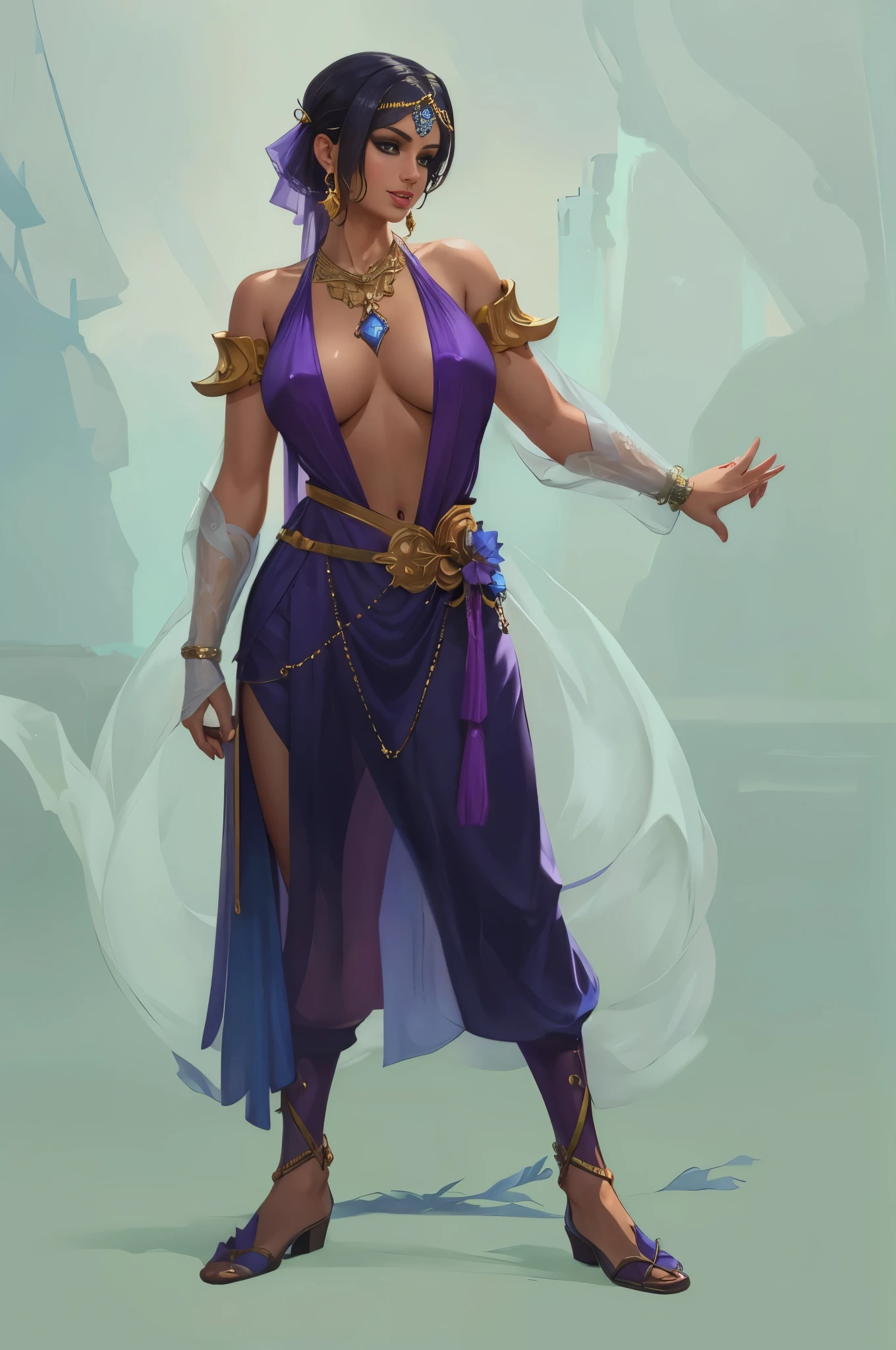 a woman in a purple and blue outfit with a necklace on her  neck, handsome princess of persia, female character design, full body character portrait