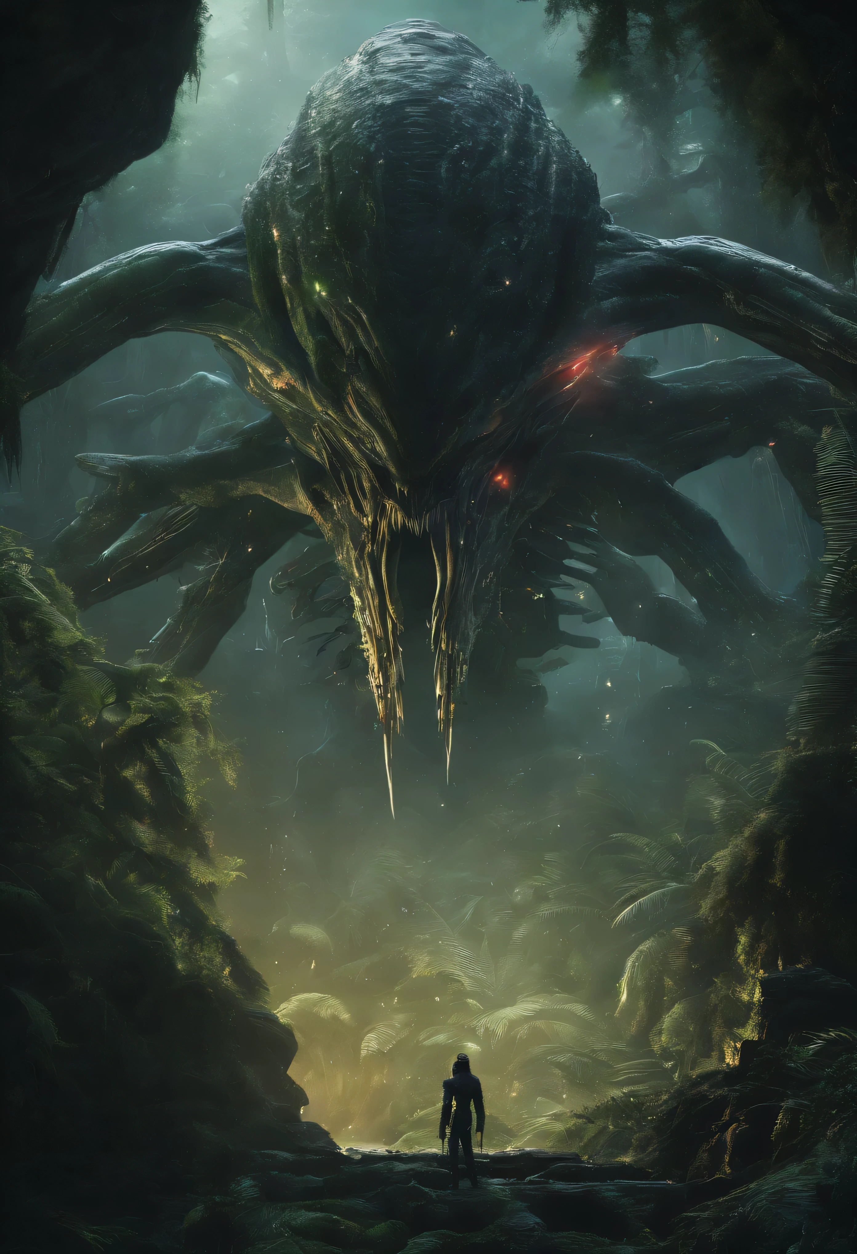 (best quality,4k,8K,high resolution,chef-d'artwork:1.2), Ultra-detailed, (Realistic,photoRealistic,photo-Realistic:1.37), gardien drake mousse, detailed textures, imposing creature, monstrueux, la civilisation ancienne, Mystique, RPG, vignes, jungle profonde, vue panoramique, Hidden secrets, jungle au loin