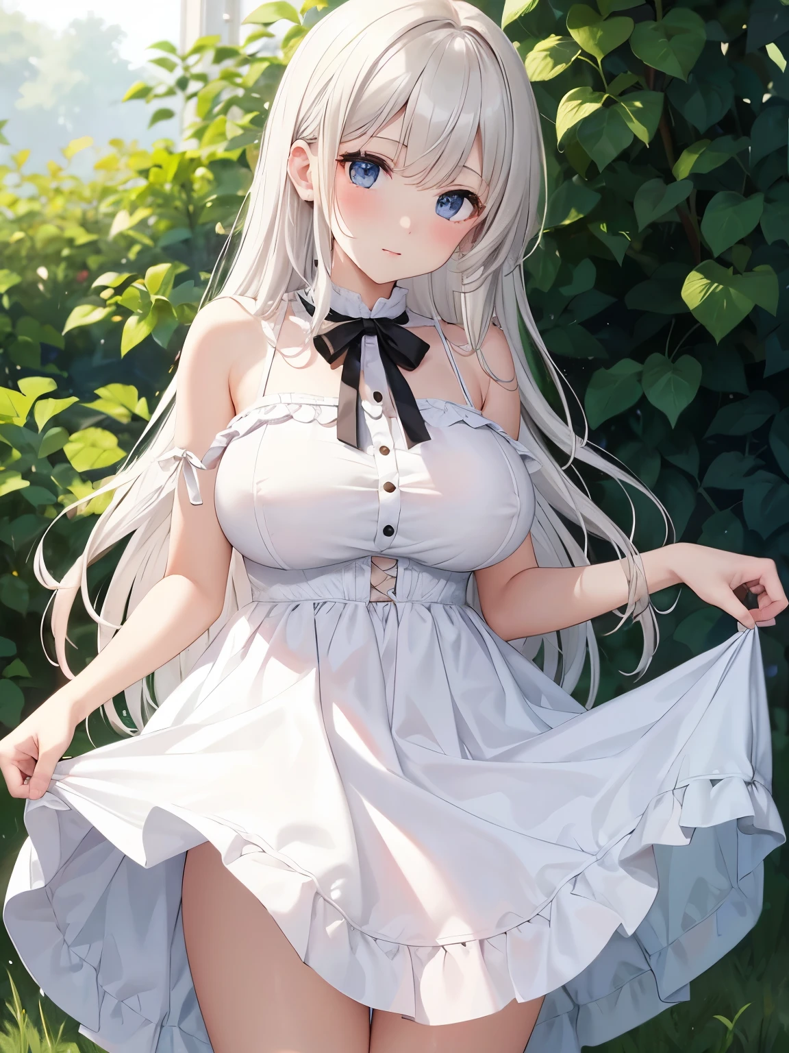 White dress、nsfw、sundress、No panties、exposed in the wild、big breasts、slender、Show a glimpse、{{{masterpiece}}}, {{{best quality}}}, {{ultra-detailed}}, {illustration}, {{an extremely delicate and beautiful}},white sundress、White dress、skirt、Shoulder buttons、
See through  、nsfw
