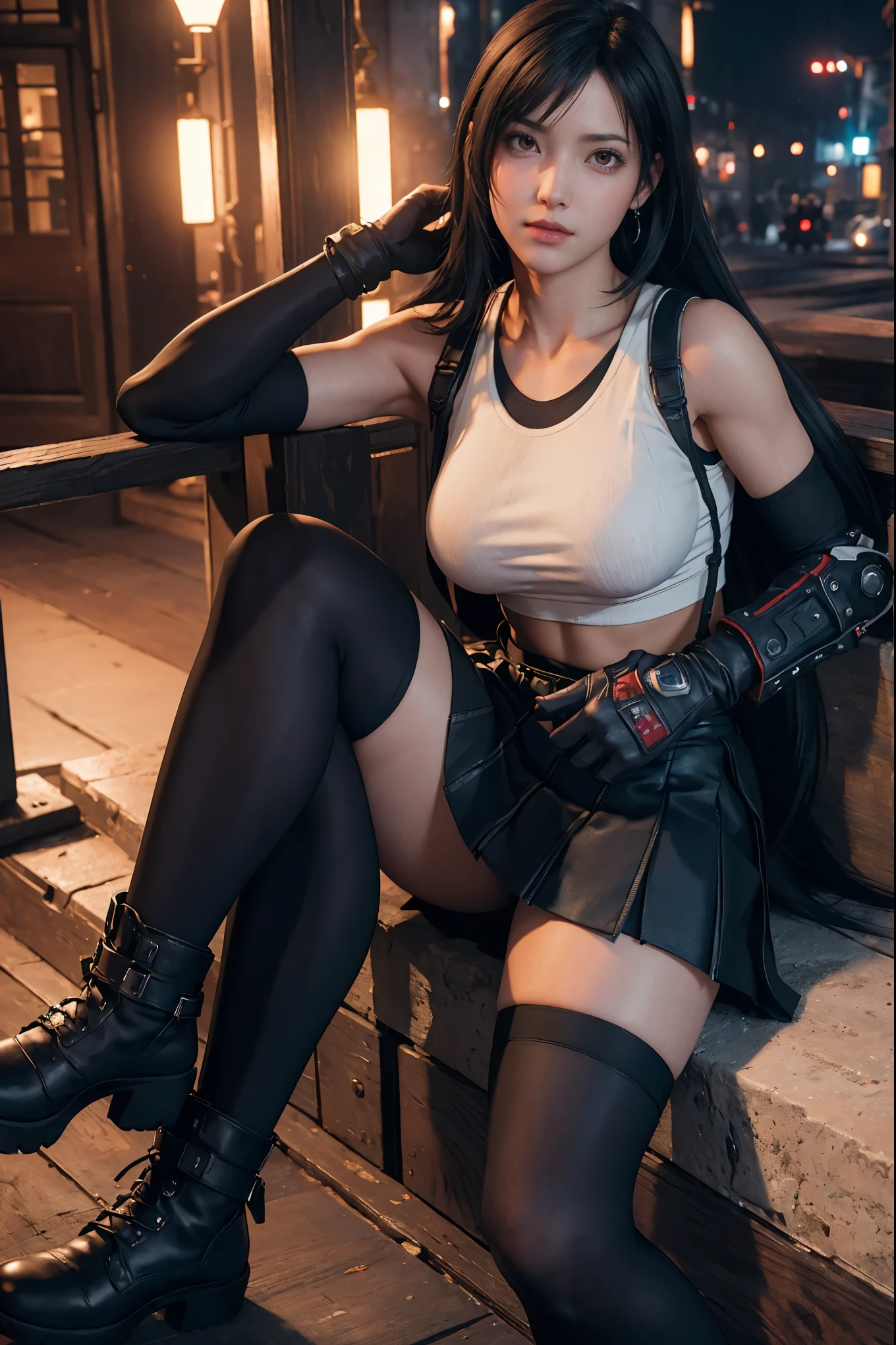 (8k, best quality, masterpiece:1.2), (realistic, photo-realistic:1.37), ultra-detailed, 1 girl,cute, solo, (tifa lockhart), (big breasts),(beautiful detailed eyes), fighting stance, (closed mouth), fighting pose, Final Fantasy VII, single elbow pad, ankle boots, black hair, black skirt, black thighhighs, boots, elbow gloves, elbow pads, fingerless gloves, taut shirt, sports bra, (suspender black skirt), thighhighs, white tank top, full body, head rest, lips, pretty face, low-tied long hair, ((red_eyes)), (night:1.3), intricate, bokeh, isolated city, cinematic lighting, photon mapping, radiosity, physically-based rendering, (Tetsuya Nomura style) closeup portrait, UHD, HDR, Ultra high quality details, 8k