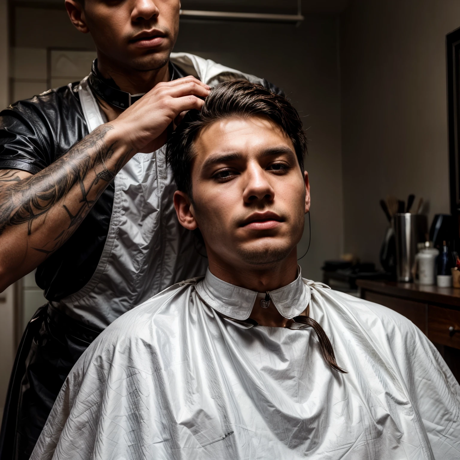 a defeated young man, dressed in a white barber's cape and a high black leather collar, in a barbershop, who has his medium hair pulled hard by a dark leather barber in a leather apron and is shaved with a pair of hair clippers. there is a lot of hair on the cape
