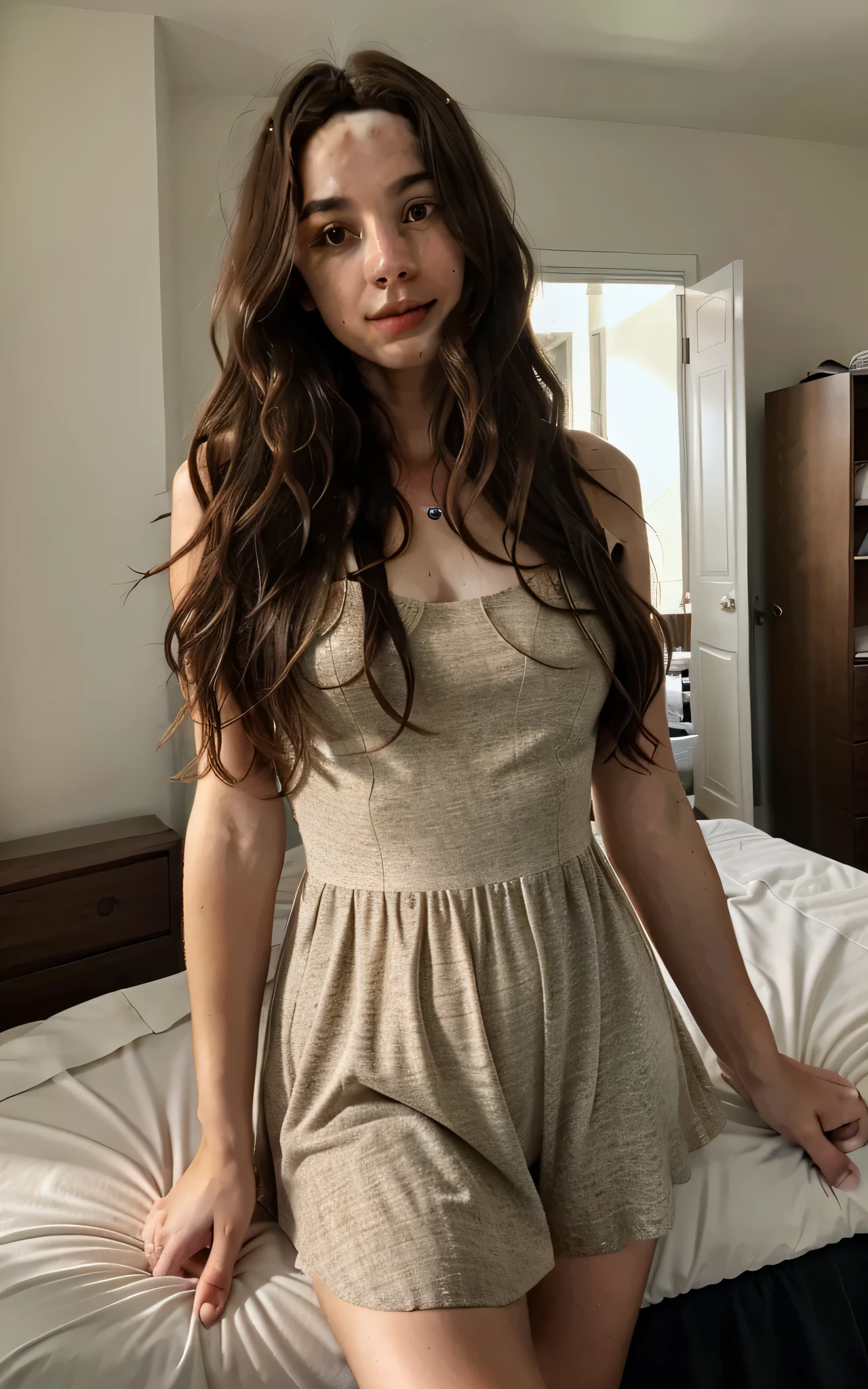 1 femme, long Wavy Hair, dark brown eyes, nature, top, jupe courte, room, (upper body selfie), background(bedroom).