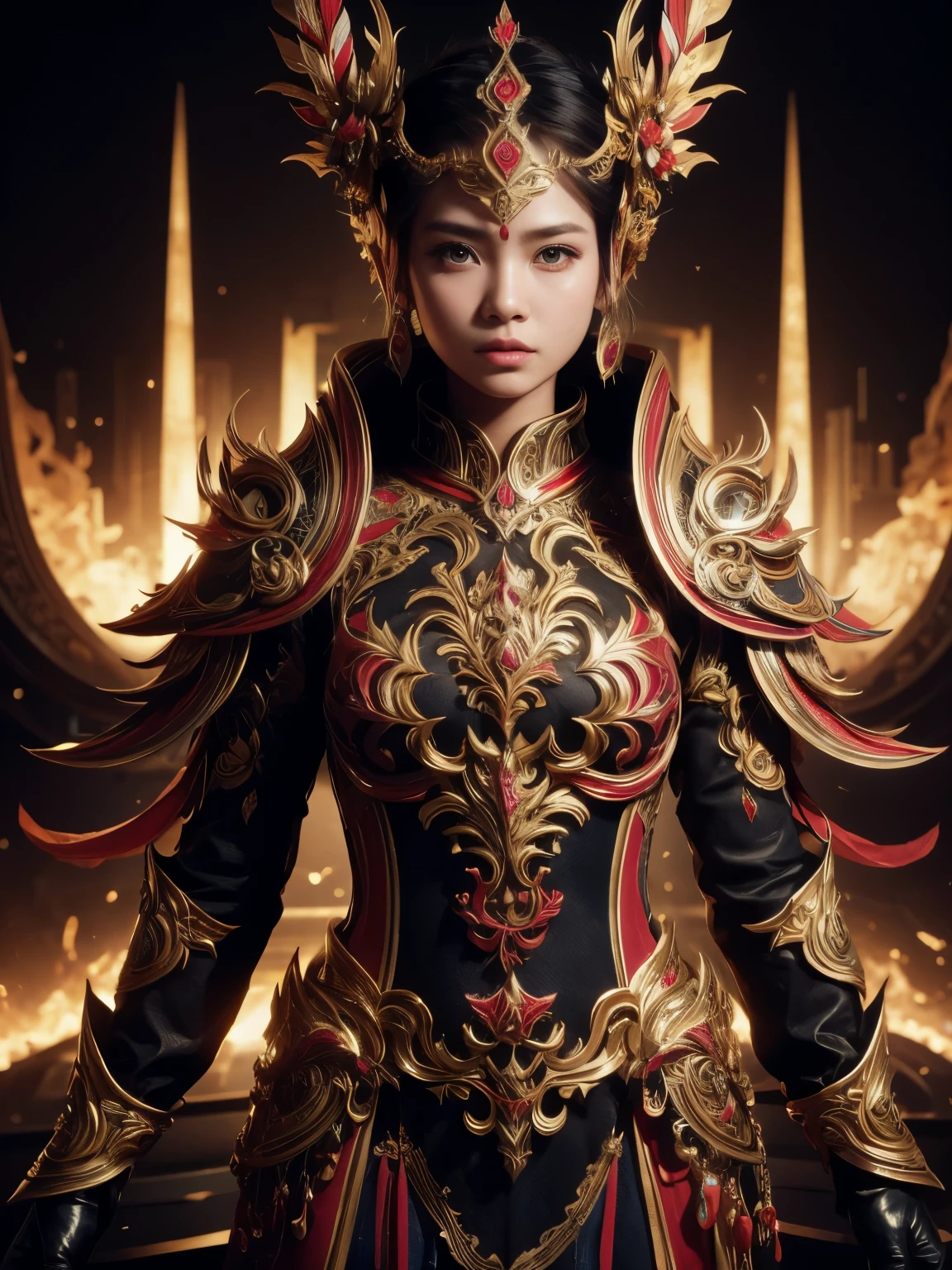 An Indonesian-styled futuristic suit worn by a girl depicting cultural fusion and modern fashion. The suit is adorned with intricate patterns and vibrant colors, showcasing the rich heritage of Indonesia. The girl stands confidently in a dynamic pose, with her detailed eyes reflecting determination and curiosity. The suit's material is a combination of traditional textiles and futuristic synthetic fabrics, giving it a unique and avant-garde appearance. The overall image quality is of the highest standard, with sharp focus and ultra-detailed rendering. The artwork employs physically-based rendering techniques, resulting in realistic lighting and shadows. The colors are vivid and vibrant, capturing the essence of Indonesian cultural aesthetics. The background features a fusion of modern architecture and traditional elements, creating a harmonious blend of the past and the future. The prompt explores the intersection of Indonesian culture, futuristic design, and the artistic representation of a confident girl.