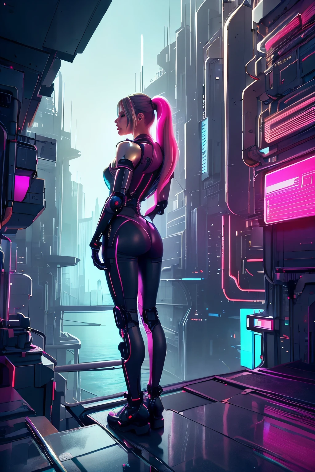 A beautiful female robot, cyberpunk corpo lindo, peitos medios, belo quadril, mecanica, cabelos feito de fios de circuito tamanho medio, intincado detalhado, luzes neon, side view of the back looking at the viewer, on a luxurious terrace, vista de fundo predios futuristas da cidade, extremamente detalhado, 8k, ultra realista