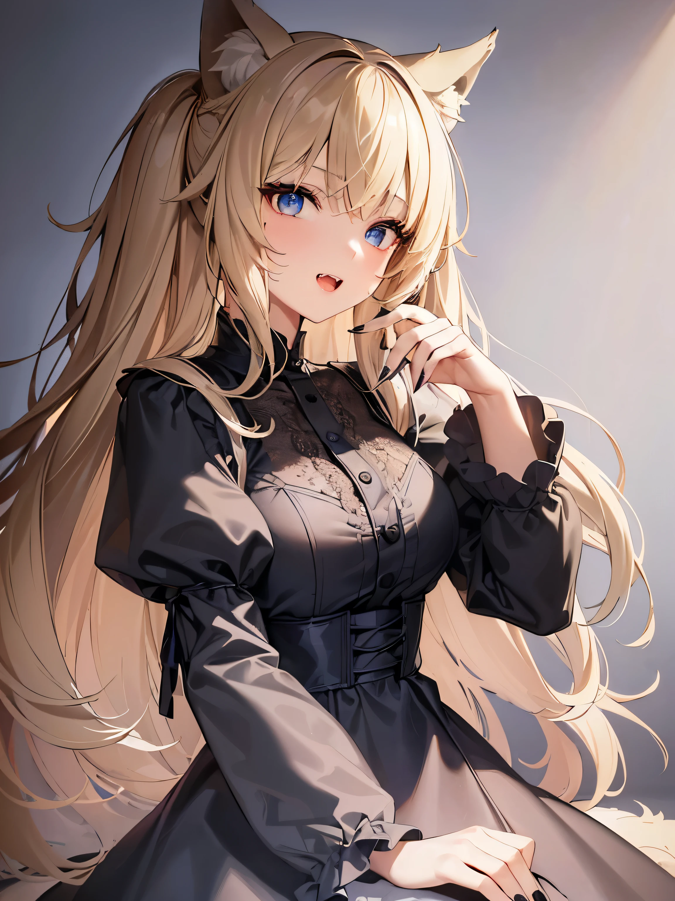 masterpiece, highest quality, super detailed, beautiful, 1 girl, alone, wolf girl, wolf ears, wolf tail, blonde hair, long hair, tooth, blue eyes, vintage dress, sharp nails, black nails, (Moe art style:1.2), (Doodle line drawing 1.2), (messy line drawing:1.2), (sketch:1.3),