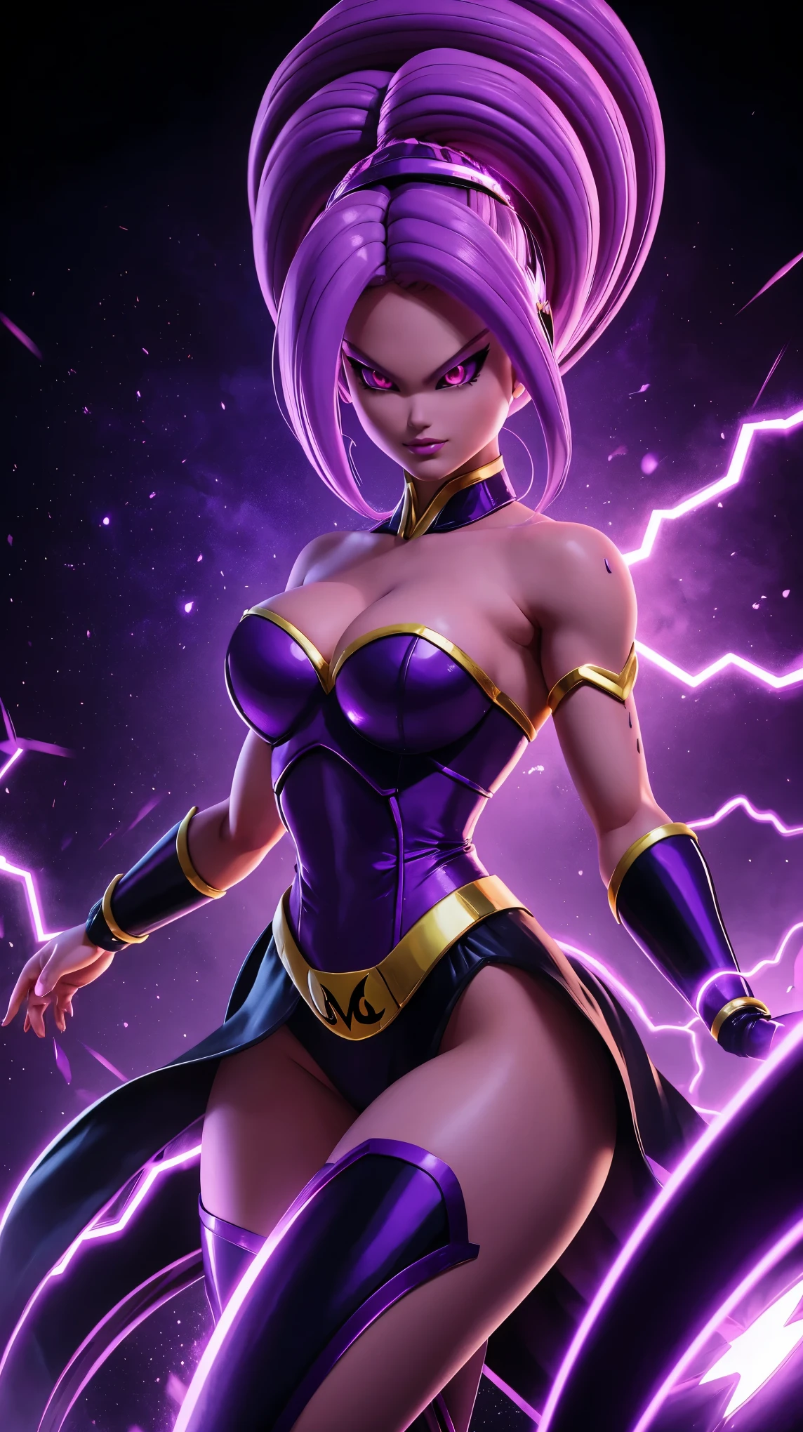 A barbie transforming into a dark majin super saiyan with purple hair and glowing purple eyes