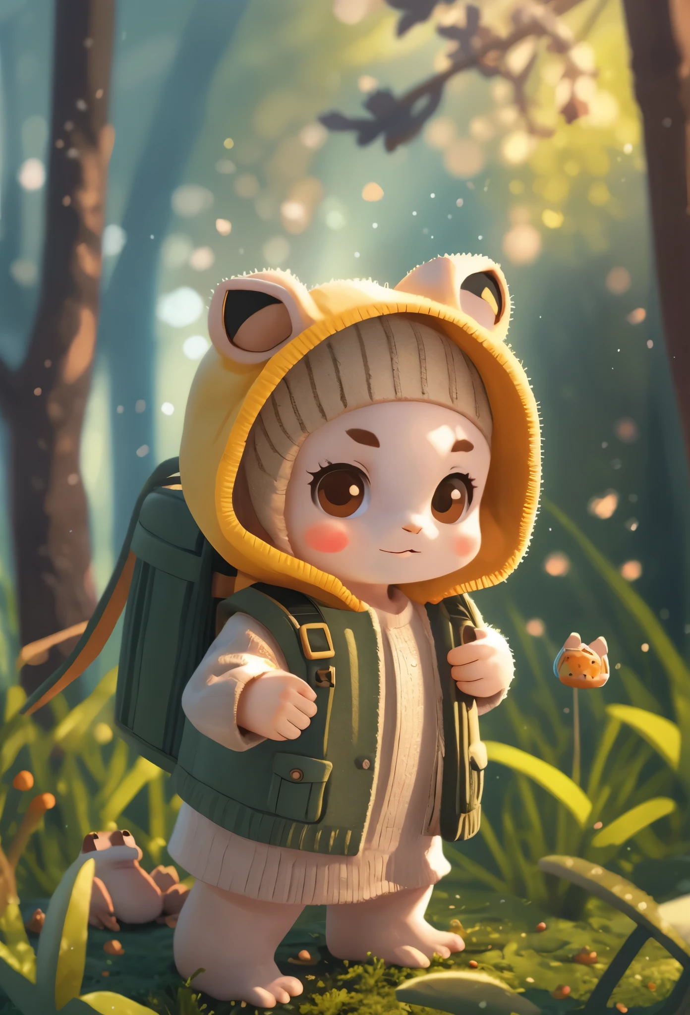 Cute (((baby toad))) fluffy fur wearing Jedi master outfit and backpack, forest background is blurred, Adorable Digital Painting, 3d rendered, Bright lighting, Vibrant colors,