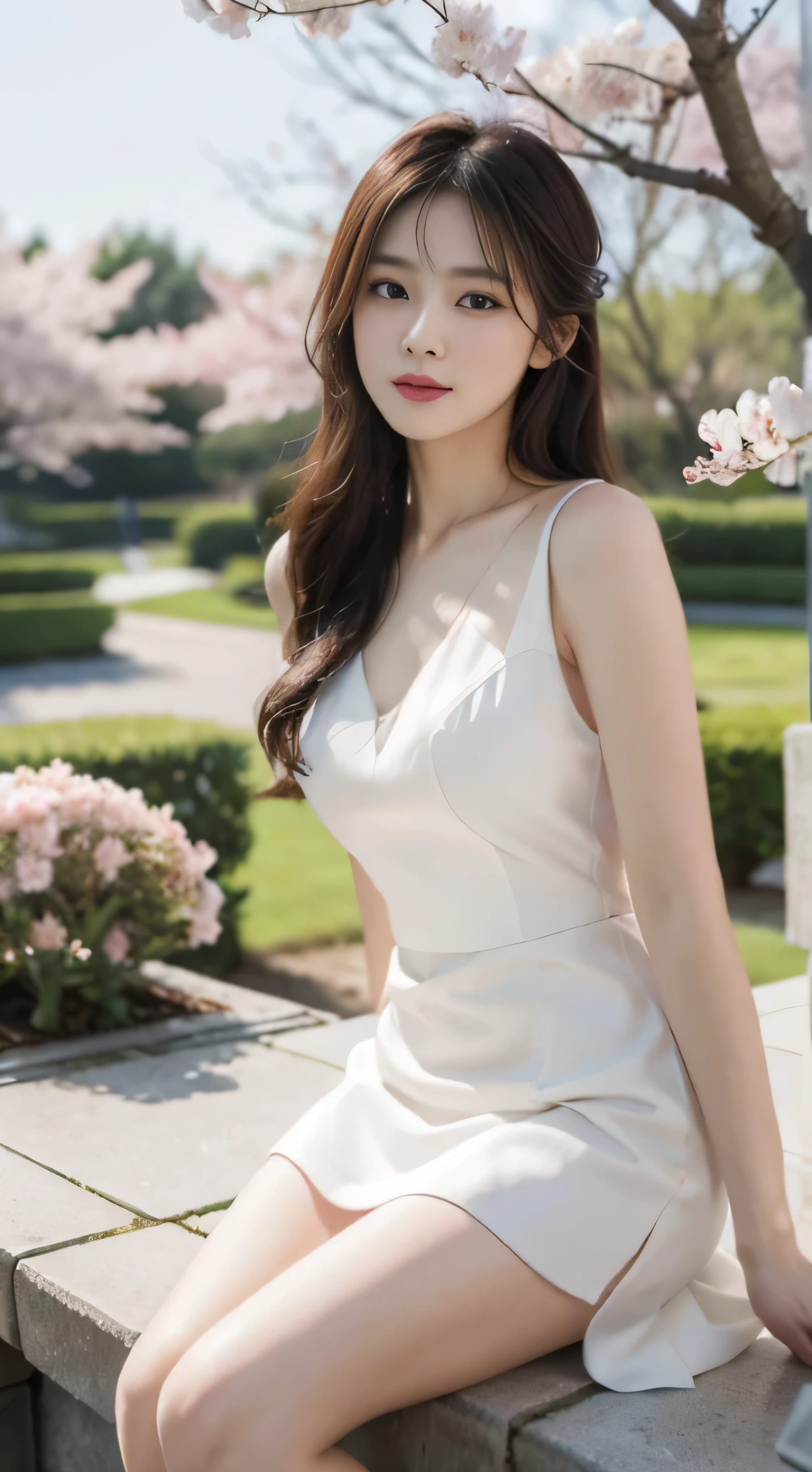 Romantic，asian women，soft，8k，Extremely high quality RAW photos,original photo, actual, masterpiece, extremely delicate and beautiful,garden，spring，Cherry blossoms，white dress