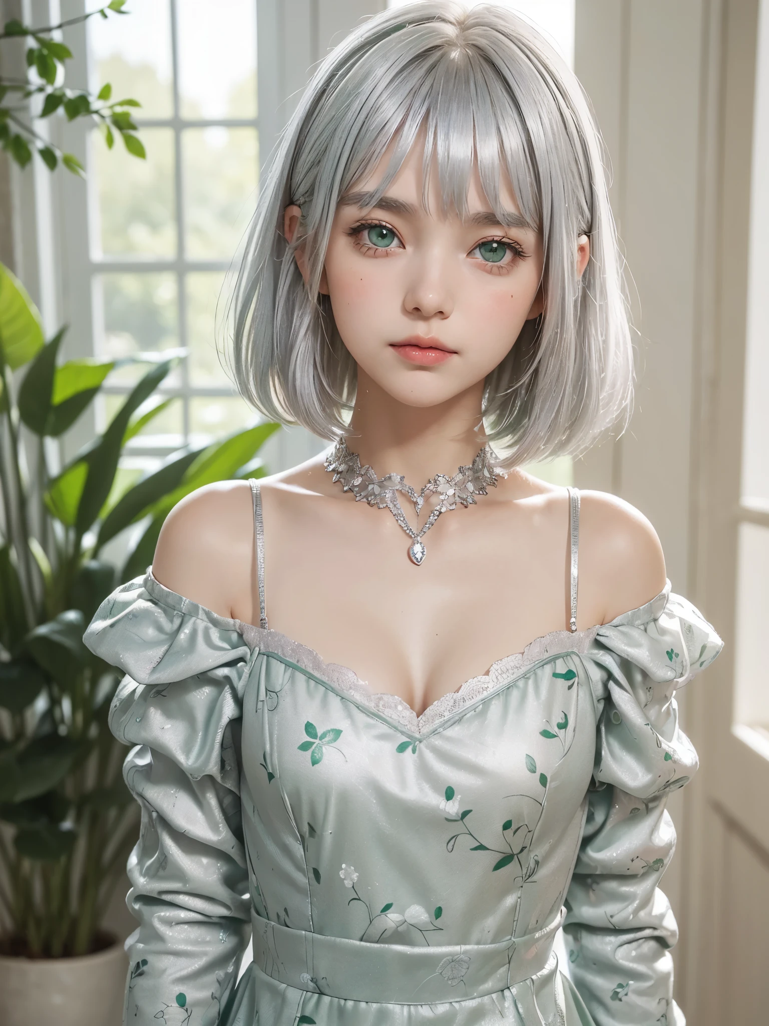 (((cute french young girl with silver hair))), ((french)), young girl, cute, face, ((kawaii)), pretty, junior high school girl, (((green eyes))), short bob, bangs, (smaller face), (sloped shoulders), ( body), pretty dress, long sleeves, floral print, thin fabric blouse, 1girl, solo, looking at viewer, cleavage, short hair, indoors