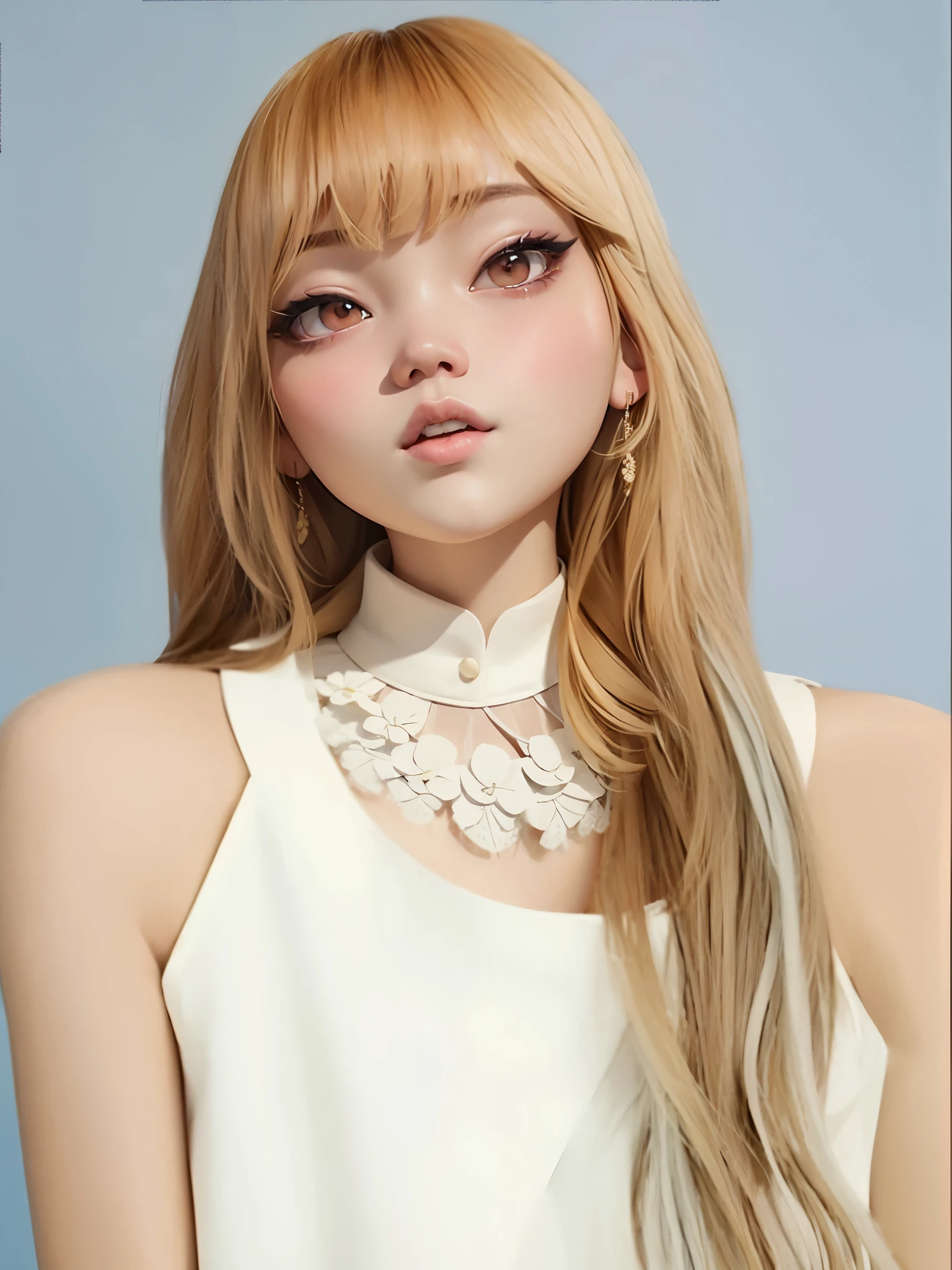 a woman with long blonde hair and bangs wearing a white top, roseanne park of blackpink, lalisa manobal, lalisa manoban of blackpink, portrait of jossi of blackpink, jossi of blackpink, sun yunjoo, portrait of female korean idol, ji-min, park ji-min, blackpink jennie, portrait jisoo blackpink, portrait of kpop idol