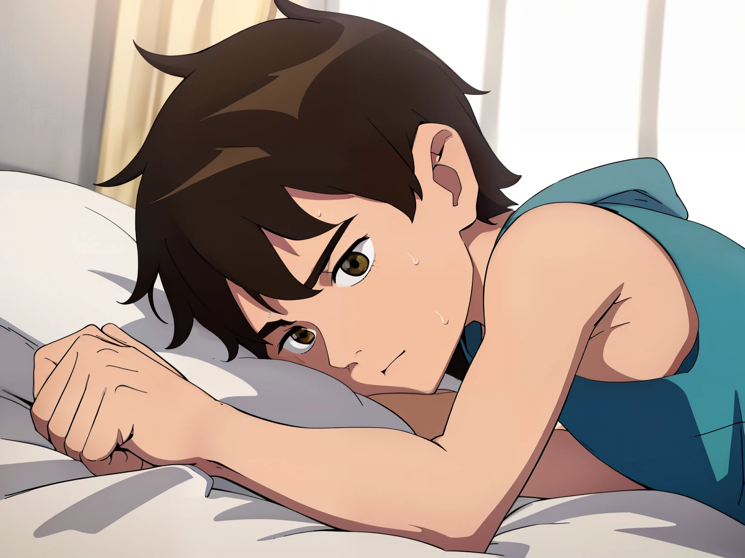 Highres, Masterpiece, Best quality at best,Best Quality,hight quality, hight detailed, boy, 1boy, bentennyson, short body, body full of sweat , Sleeveless hoodie, Seen from side, Lying on the bed, Hands forward