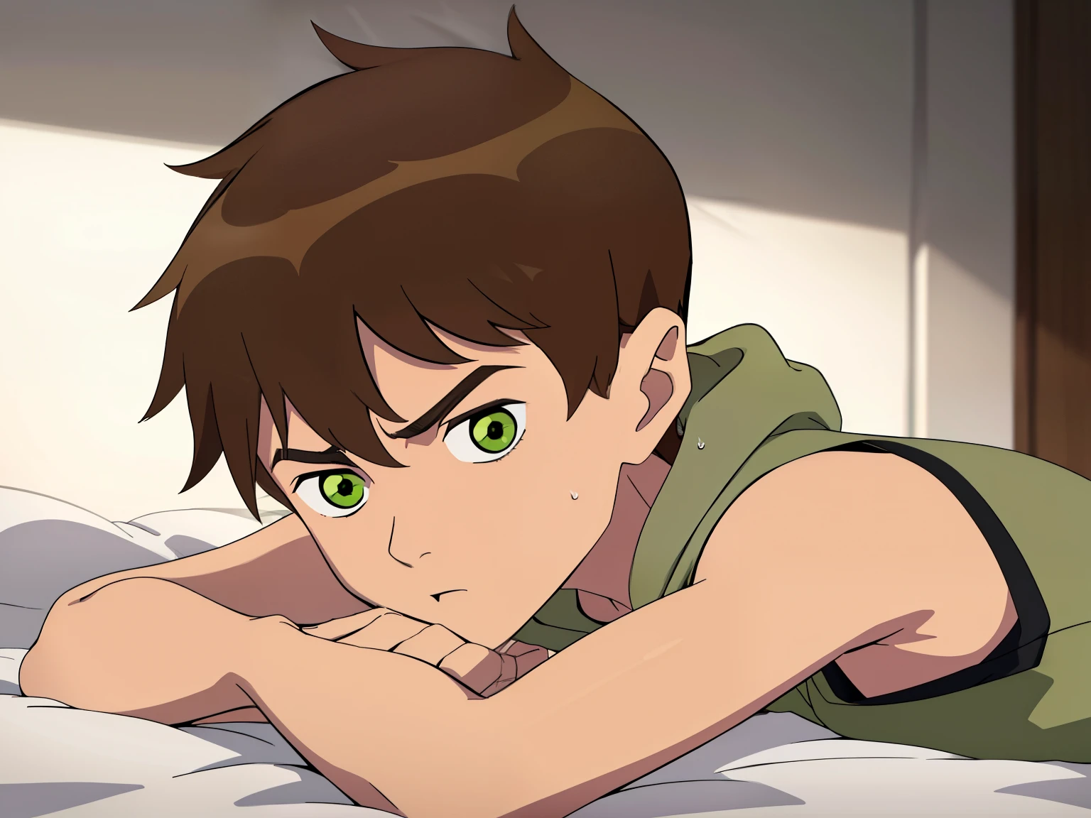 Highres, Masterpiece, Best quality at best,Best Quality,hight quality, hight detailed, boy, 1boy, bentennyson, Green eye, Brown hair, short body, body full of sweat , Sleeveless hoodie, Seen from side, Lying on the bed, Hands forward