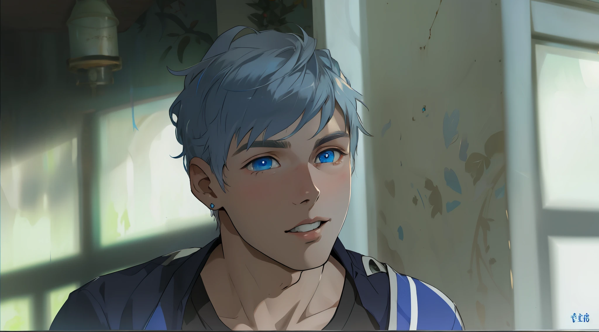 cute young man of 15 years old silver hair blue eyes closeup is asking something with curiosity  