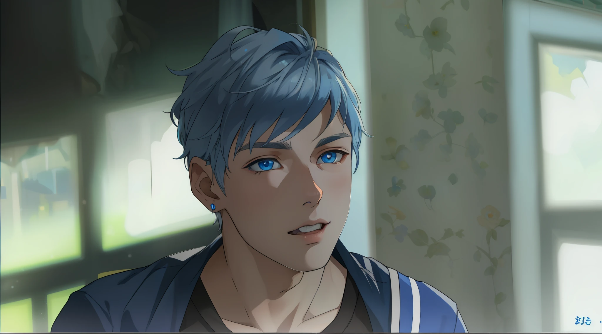 cute young man of silver hair blue eyes closeup is asking something with curiosity