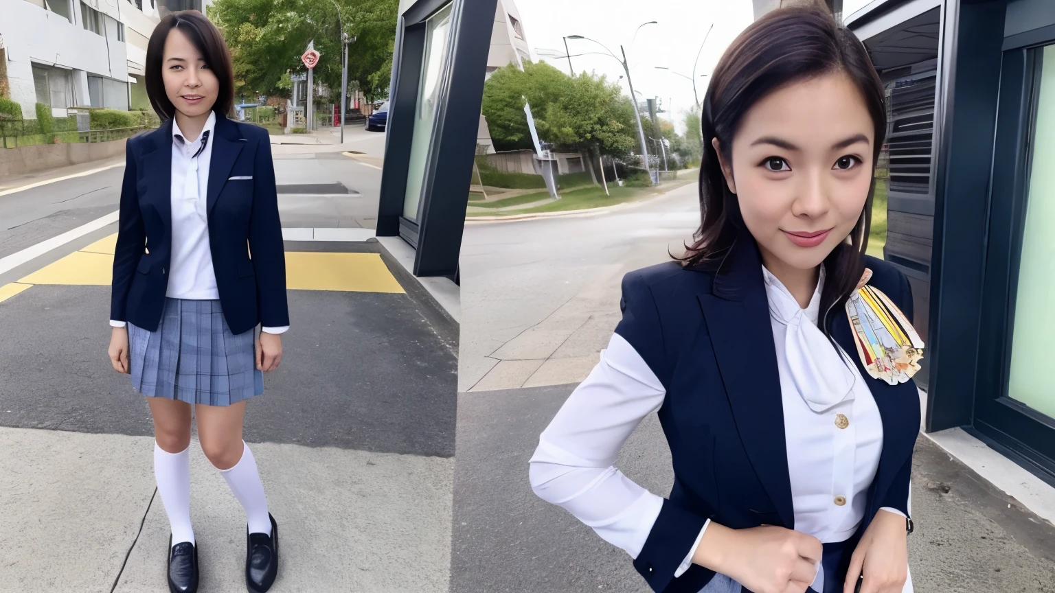 Thai girl in school uniform, topless, big breasts, short skirt.