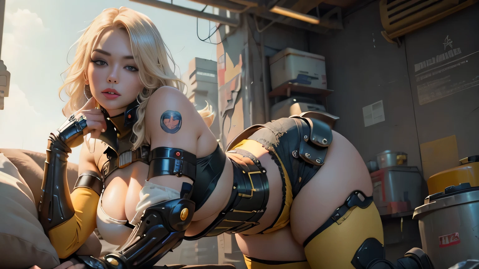 illusory engine:1.4,Ultra-realistic CG 64K,Photorealistic:1.4,Skin texture:1.4,Masterpiece:1.4,Beautiful woman in doll underwear、Cyberpunk-style yellow shorts,Red tights,Blue miniskirt,Erotic lace,Bigboobs, Juicy big lips, thick juicy thighs