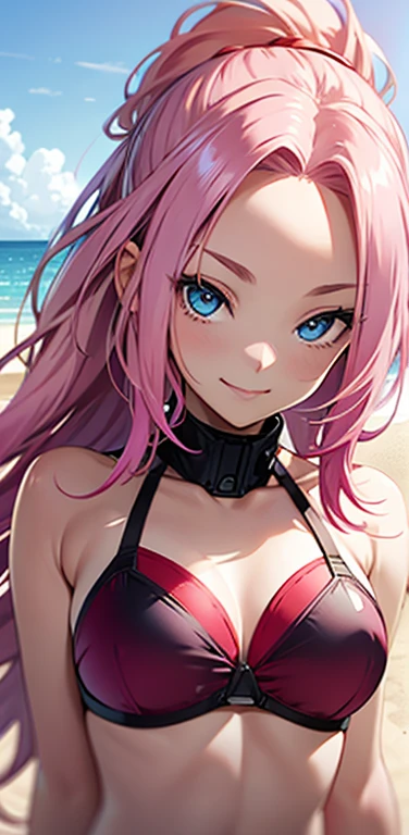 Realistic、1girl、pink hair、blue eyes、(gradient eyes),(red bikini)、light smile,forehead,cute face,face focus:1.3,upper body:1.5,beach、