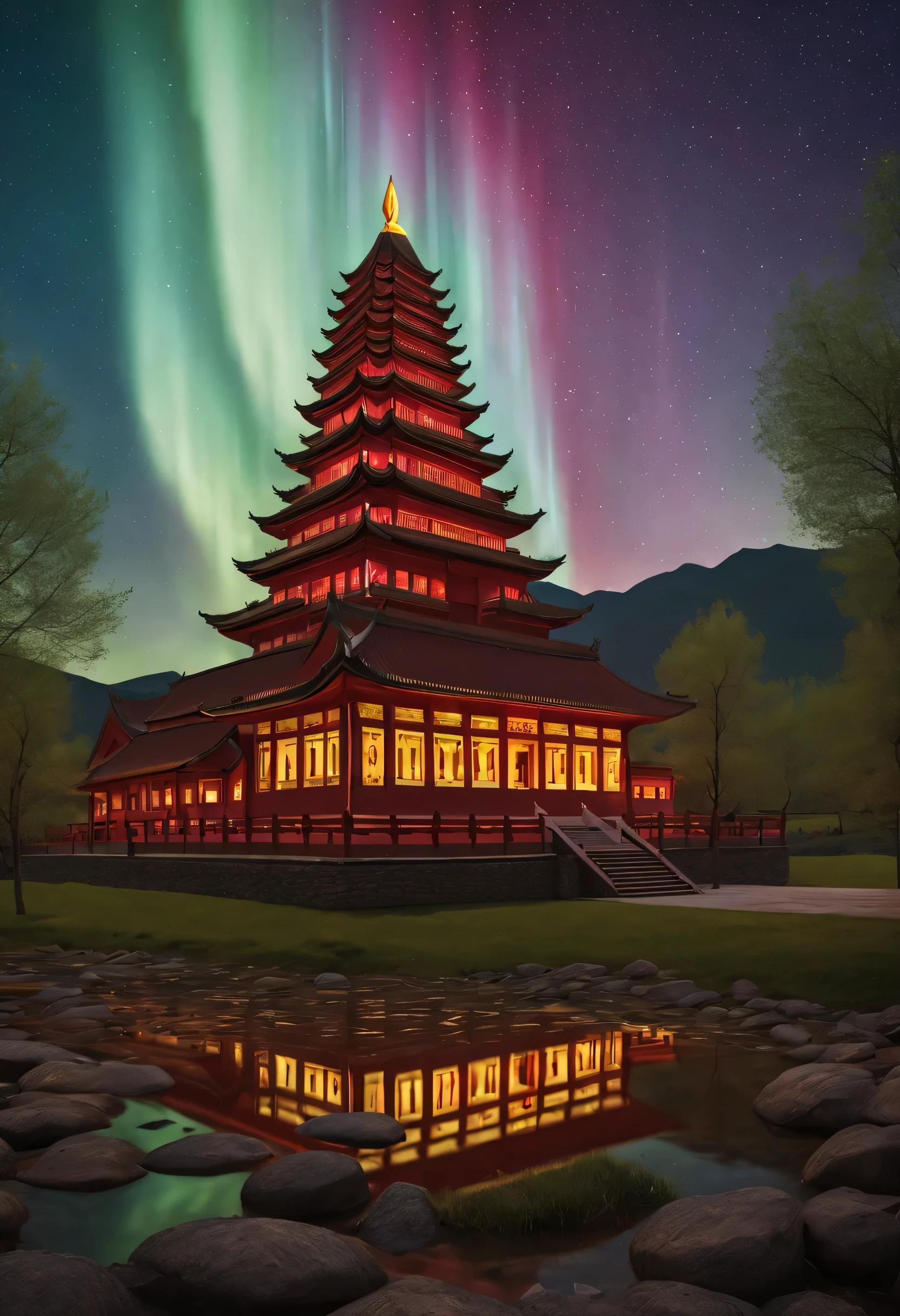 In a serene valley, an old temple is surrounded by a magnificent and colorful aurora. The light of the aurora penetrates the temple's glazed tiles, Color the entire structure red. In front of the temple, a babbling creek meanders, reflecting the colors of the aurora like a river of silver. Inside the temple, several monk chant silently, their figures illuminated by the lingering glow of the aurora, exuding solemnity and sanctity. The entire scene is filled with peacefulity and dignity, Evoking a sense of infinite universe and transcendence.

(mitigate:painting), (best quality,4K,8k,high resolution,masterpiece:1.2), (super detailed), (actual,photoactual,photo-actual:1.37), human development report, ultra high definition, studio lighting, extremely detailed description, professional, bright colors, Bokeh, portrait, landscape, aurora, temple, valley, creek, monk, serene, old, Red, solemn, peaceful, Milky Way,16k