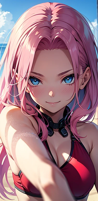 Realistic、1girl、pink hair、blue eyes、(gradient eyes),(red bikini)、light smile,forehead,cute face,face focus:1.3,upper body:1.5,beach、