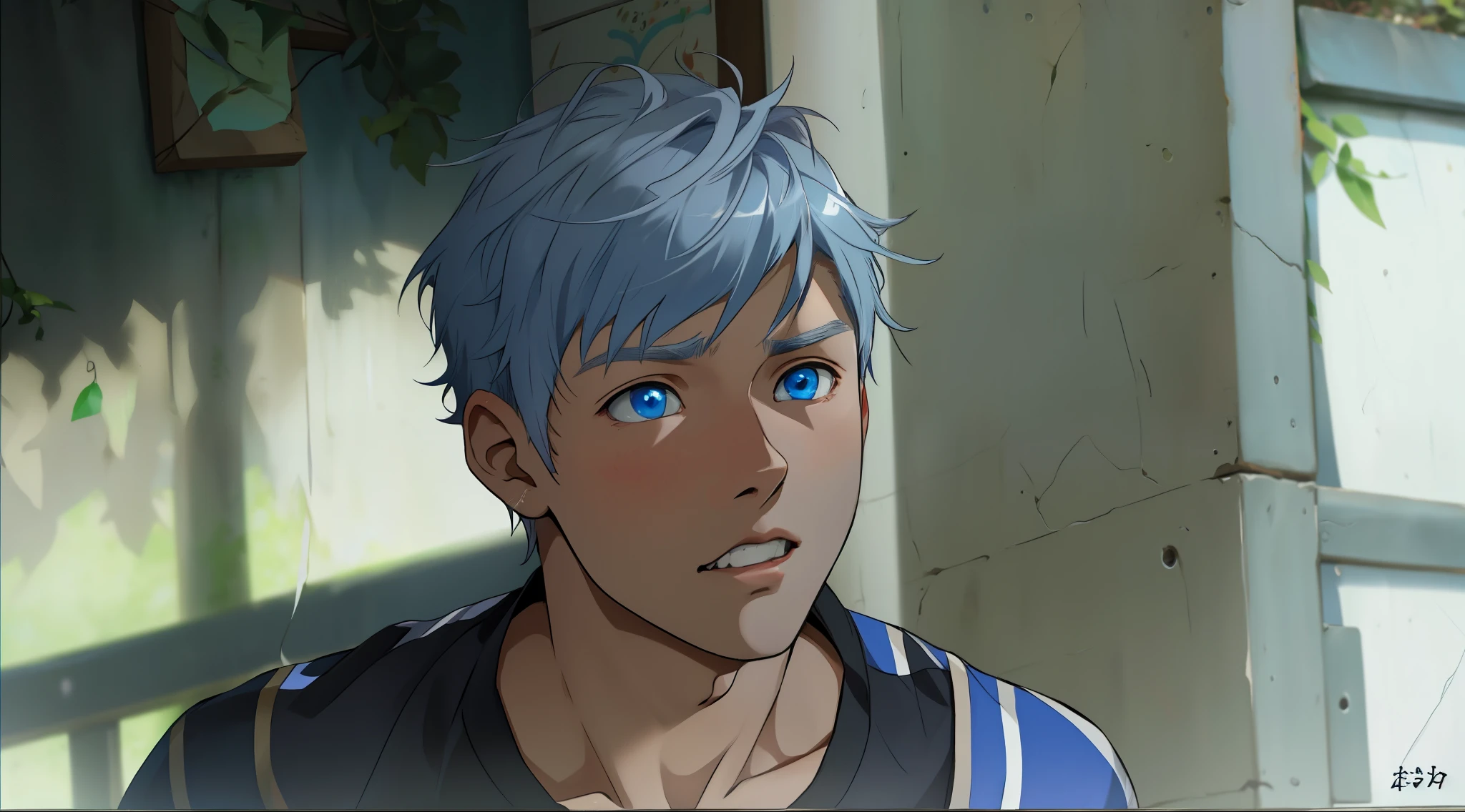 cute young man of 15 years old is puzzled tries to remind someone of something but can'tsilver hair blue eyes closeup he is asking something with curiosity