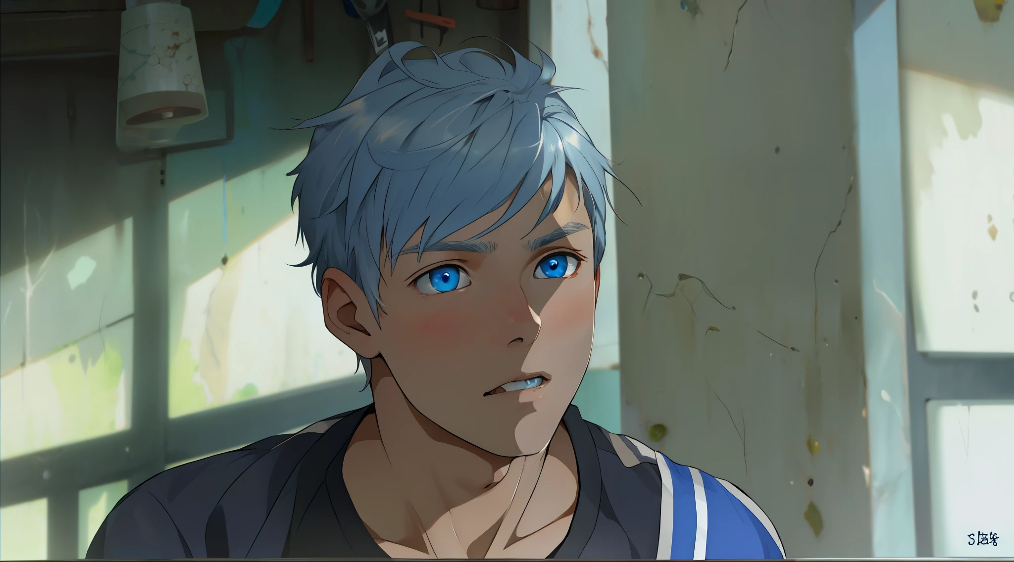 cute young man of 15 years old is puzzled tries to remind someone of something but can'tsilver hair blue eyes closeup he is asking something with curiosity